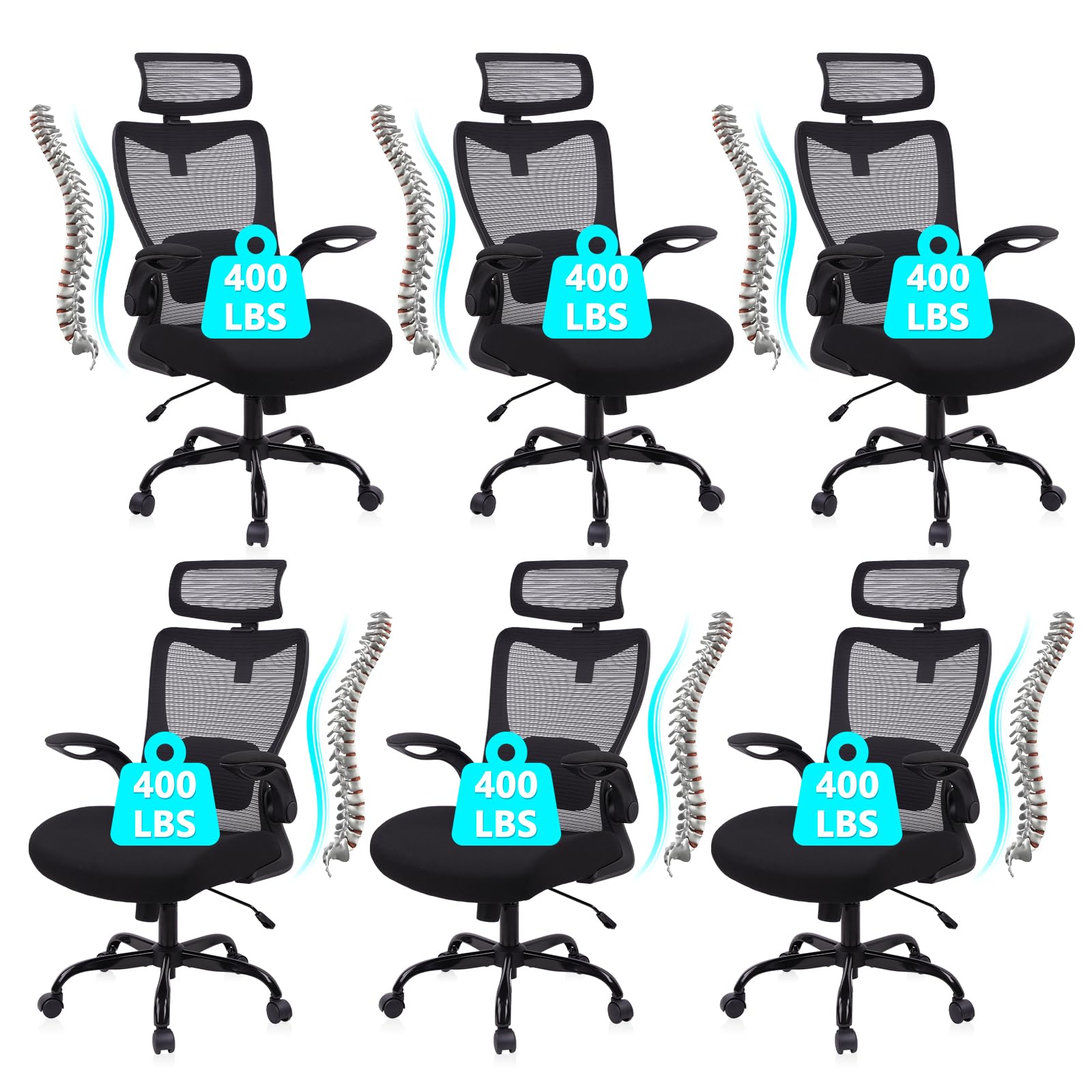 Heavy Duty Ergonomic Mesh Office Chair 400LBS, Big and Tall Desk Chair with Adjustable Lumbar Support & Headrest, Flip Up Padded Arms, Swivel Computer Chair for Home, Conference, Black, 6 PACK
