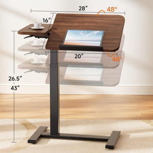 Tiltable Mobile Small Standing Desk, Pneumatic Adjustable Height Overbed Bedside Table with Wheels, Sit Stand Portable Rolling Laptop Desk Computer Workstations, Walnut