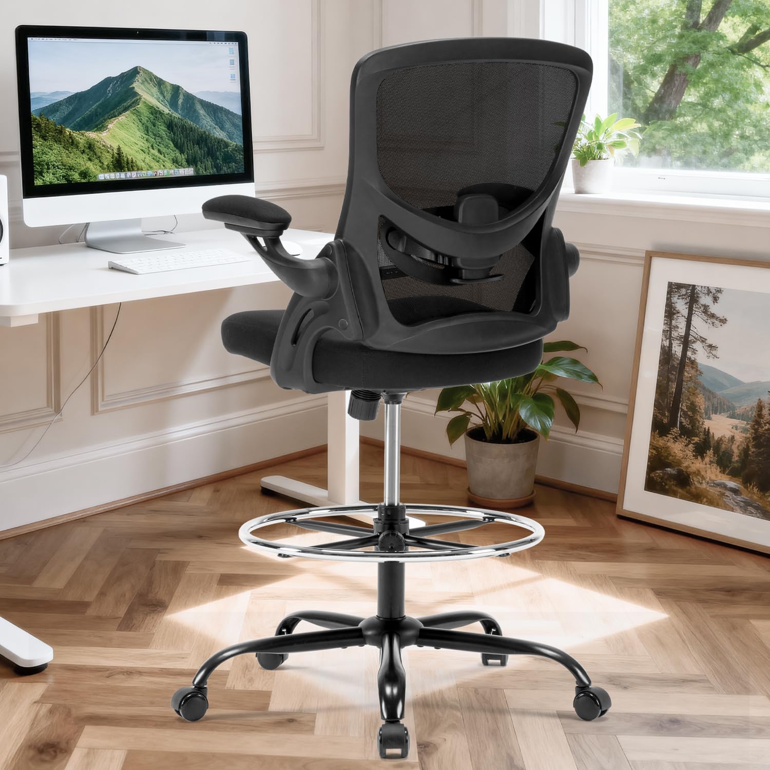 Drafting Chair Ergonomic Computer Standing Desk Chair with Flip-Up Arms and Lumbar Support, Tall Office Chair with Adjustable Footrest, Stool Counter Height Office Chairs Black