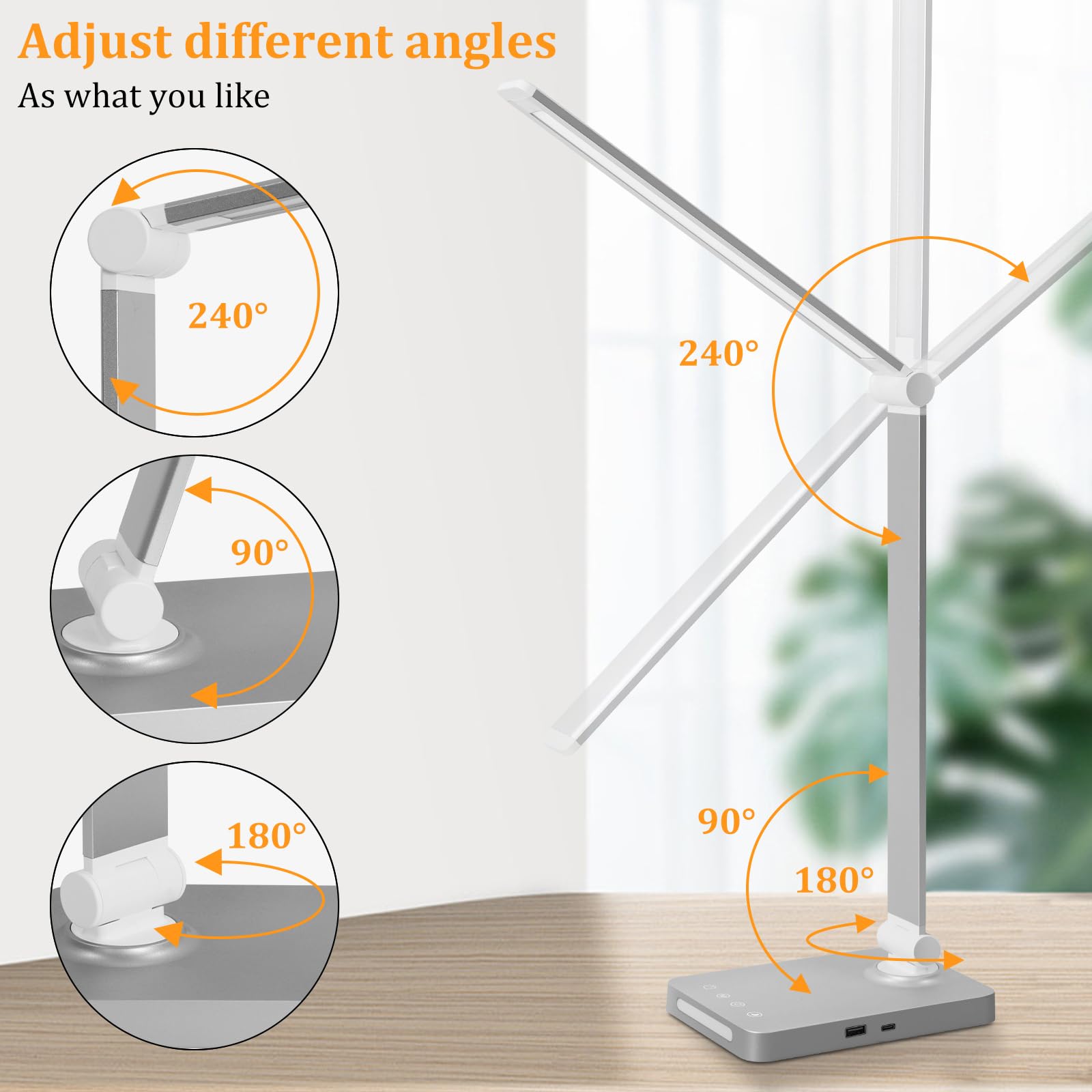 LED Desk Lamp with USB Ports,Touch Desk Lamps for Home Office with 5 Color Modes,3 Brightness Desk Light with Small Night Light,Reading Lamp Table LED Lamp for Bedroom Bedsid Study Sliver