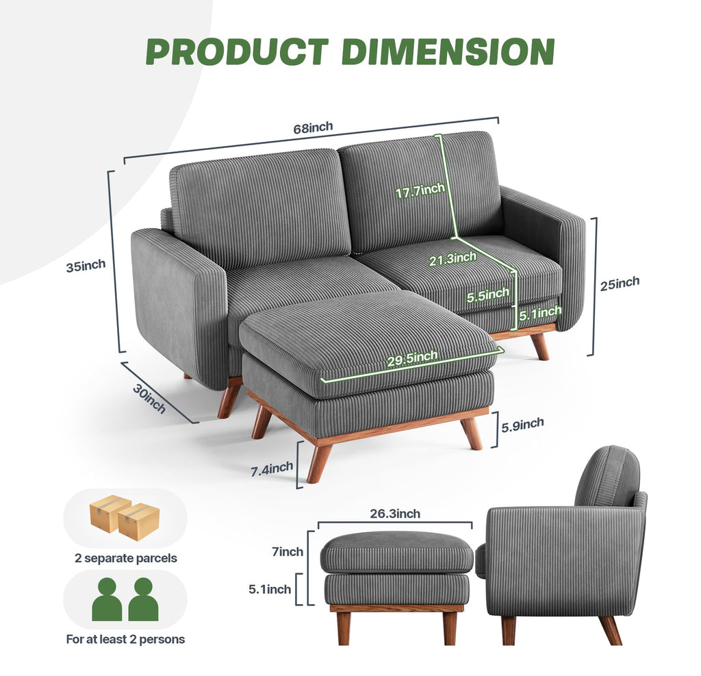 68" Loveseat Sofa with Movable Ottoman, Comfy Corduroy Couch with Spring Cushion, Sofa Couch with Solid Wood, Modern Office Sofa with Deep Seat for Living Room and Bedroom, Dark Gray