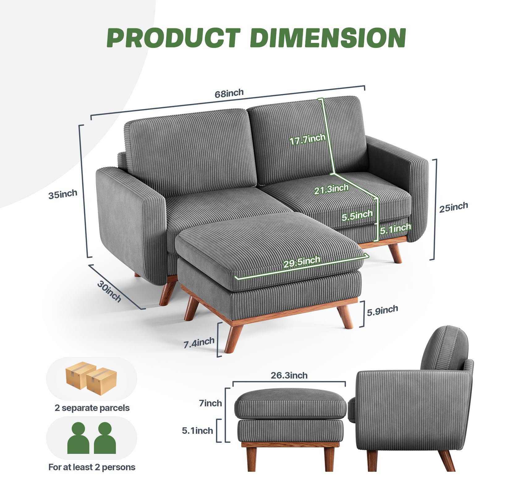 68" Loveseat Sofa with Movable Ottoman, Comfy Corduroy Couch with Spring Cushion, Sofa Couch with Solid Wood, Modern Office Sofa with Deep Seat for Living Room and Bedroom, Dark Gray