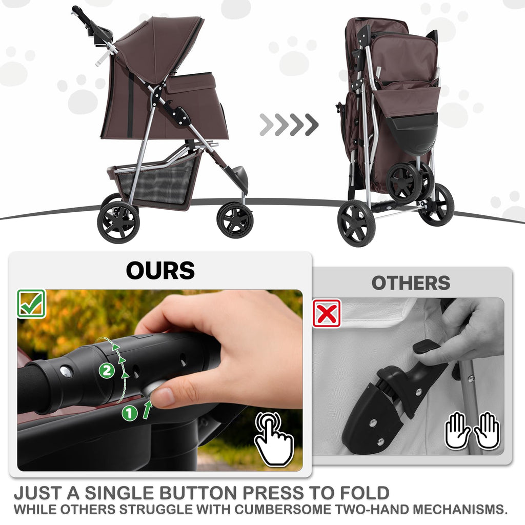Foldable Dog Strollers for Small Dogs with Weather Cover, 3 Wheels Pet Strolling Cart for Dogs and Cats with Storage Basket and Cup Holder, Breathable and Visible Mesh for All-Season, Coffee