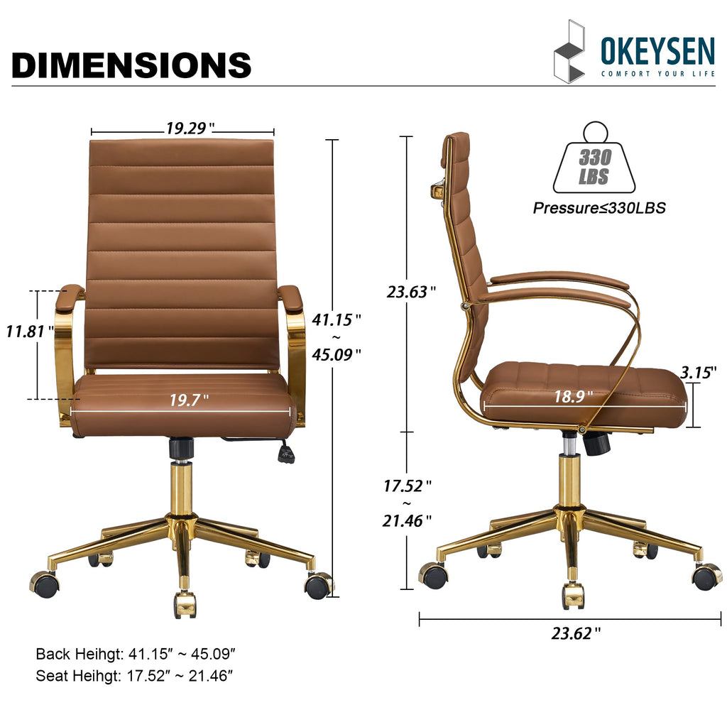 Gold Office Desk Chair, Ergonomic Leather Modern Conference Room Chairs, Executive Ribbed Height Adjustable Swivel Rolling Golden Chair for Home Office.