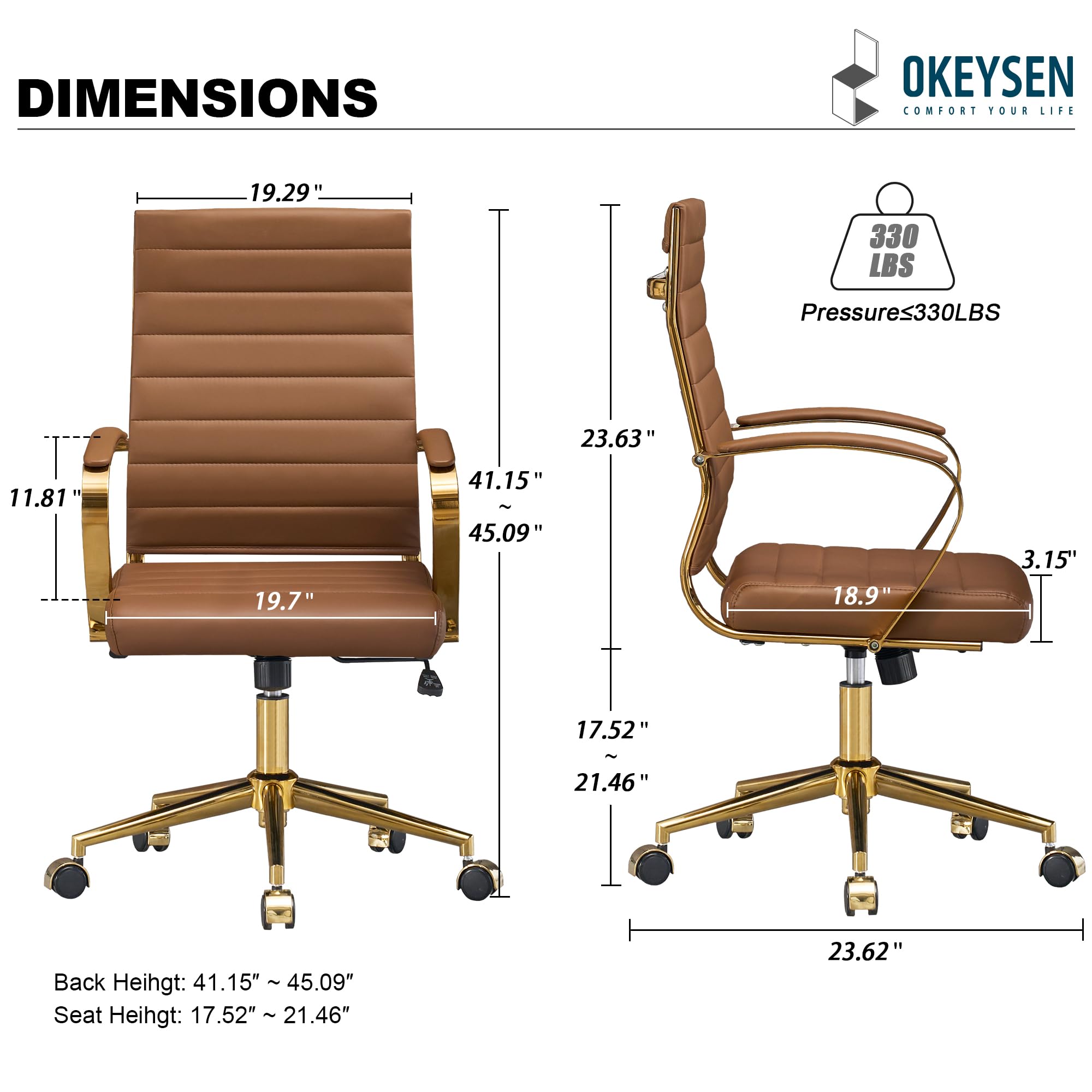 Gold Office Desk Chair, Ergonomic Leather Modern Conference Room Chairs, Executive Ribbed Height Adjustable Swivel Rolling Golden Chair for Home Office.