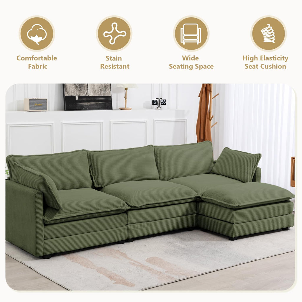 112'' Sectional Modular Cloud Couch, Oversized L Shaped 3 Seat Sofa with Movable Ottomans, 2 Throw Pillows, Upholstered Corduroy L Shape Comfy Deep Couches for Living Room and Office, Green