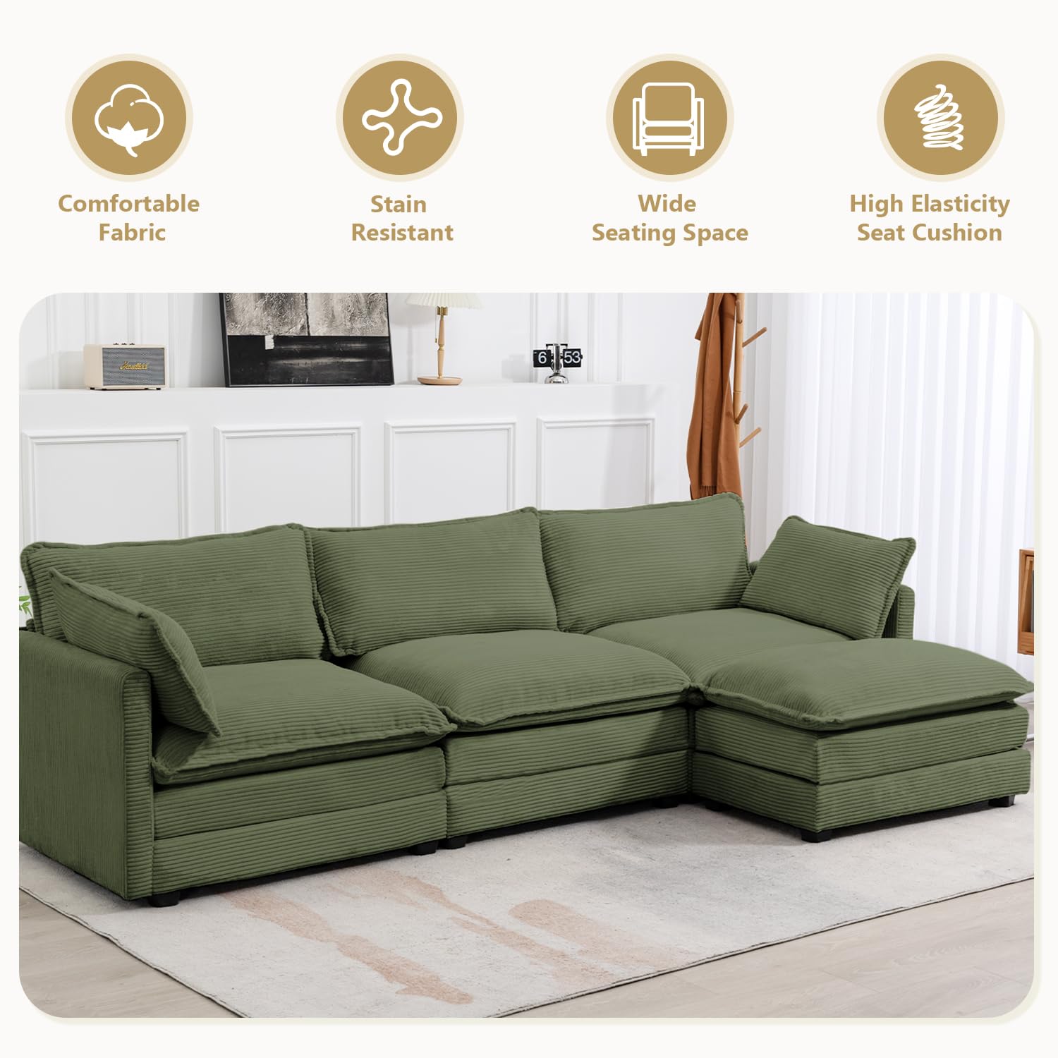 112'' Sectional Modular Cloud Couch, Oversized L Shaped 3 Seat Sofa with Movable Ottomans, 2 Throw Pillows, Upholstered Corduroy L Shape Comfy Deep Couches for Living Room and Office, Green