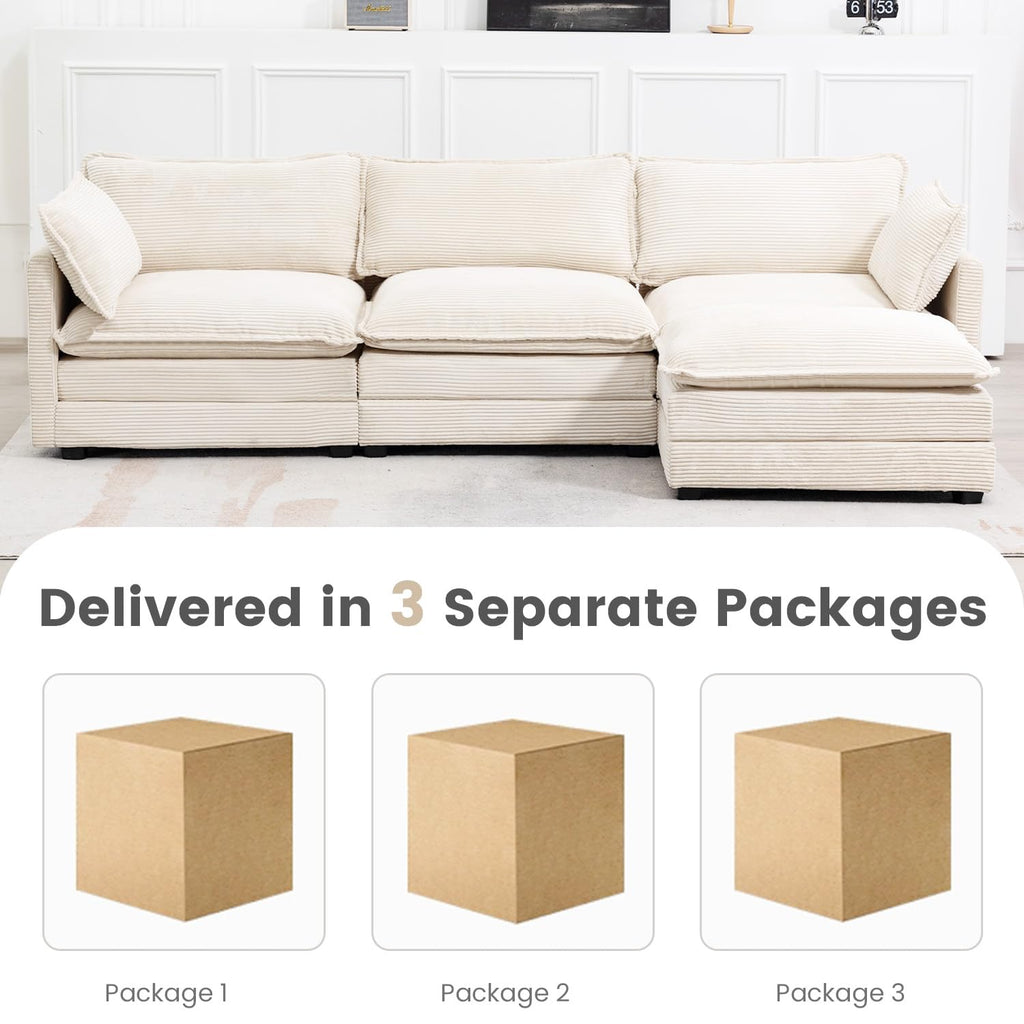 Oversized Modular Sectional Sofa with Movable Ottoman, 112 Inch 4 Seat Modern Corduroy Sofa Set, Convertible L Shaped Couch for Living Room and Office, Beige