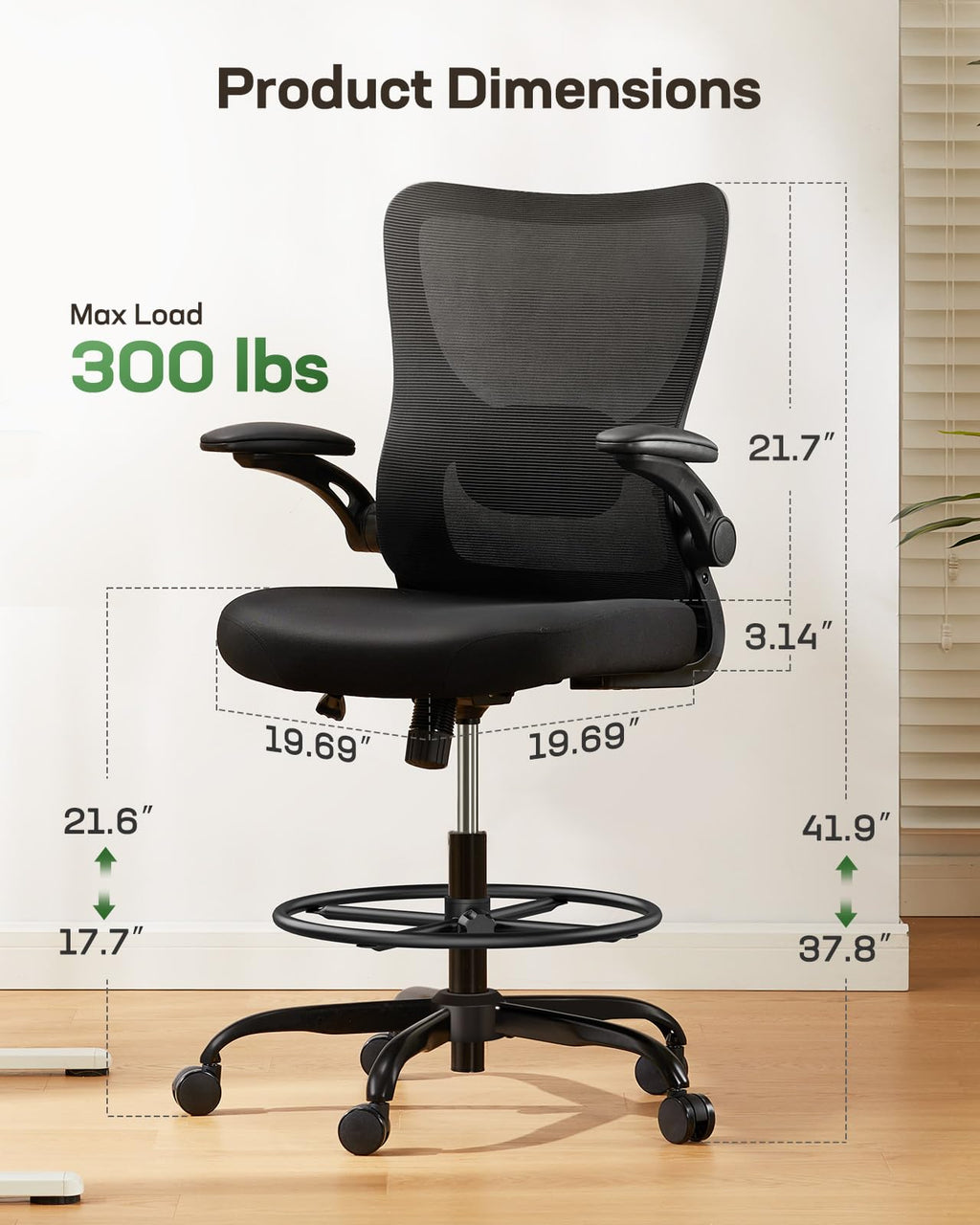 Drafting Chair, Tall Office Chair with 2D Lumbar Support, Standing Desk Chair,High Office Chair with Padded Flip-Up Armrests & Adjustable Footrest Ring, Ebony