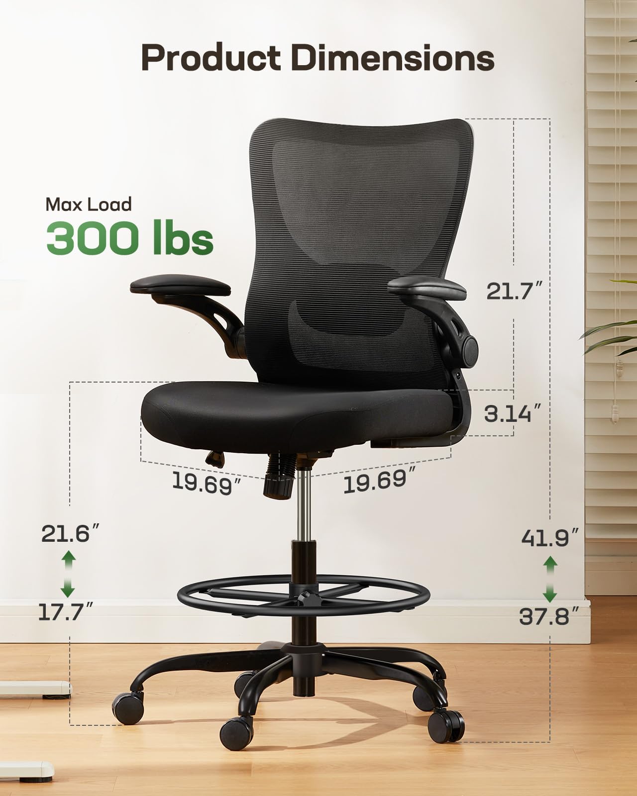 Drafting Chair, Tall Office Chair with 2D Lumbar Support, Standing Desk Chair,High Office Chair with Padded Flip-Up Armrests & Adjustable Footrest Ring, Ebony