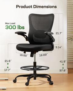 Drafting Chair, Tall Office Chair with 2D Lumbar Support, Standing Desk Chair,High Office Chair with Padded Flip-Up Armrests & Adjustable Footrest Ring, Ebony