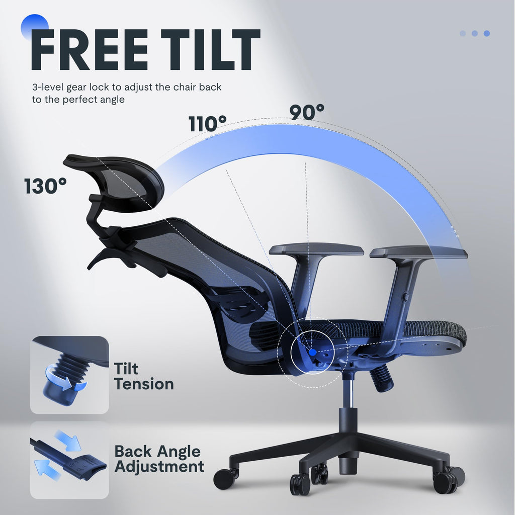 Ergonomic Office Chair, High Back Home Office Desk Chairs with Adjustable Lumbar Support, Armrests,90-130° Tilt Lock, Swivel Computer Gaming Chairs for Adults, OC3 Cloud, Black