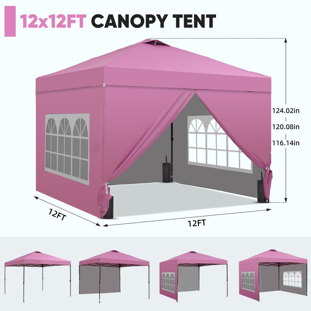 12x12 Pop Up Canopy Tent with 4 Sidewalls, Easy Set up with One Push Lift Gazebo with Wheel Bag and4 Sandbags,Carpas for Events, Parties,Camping, Pink.