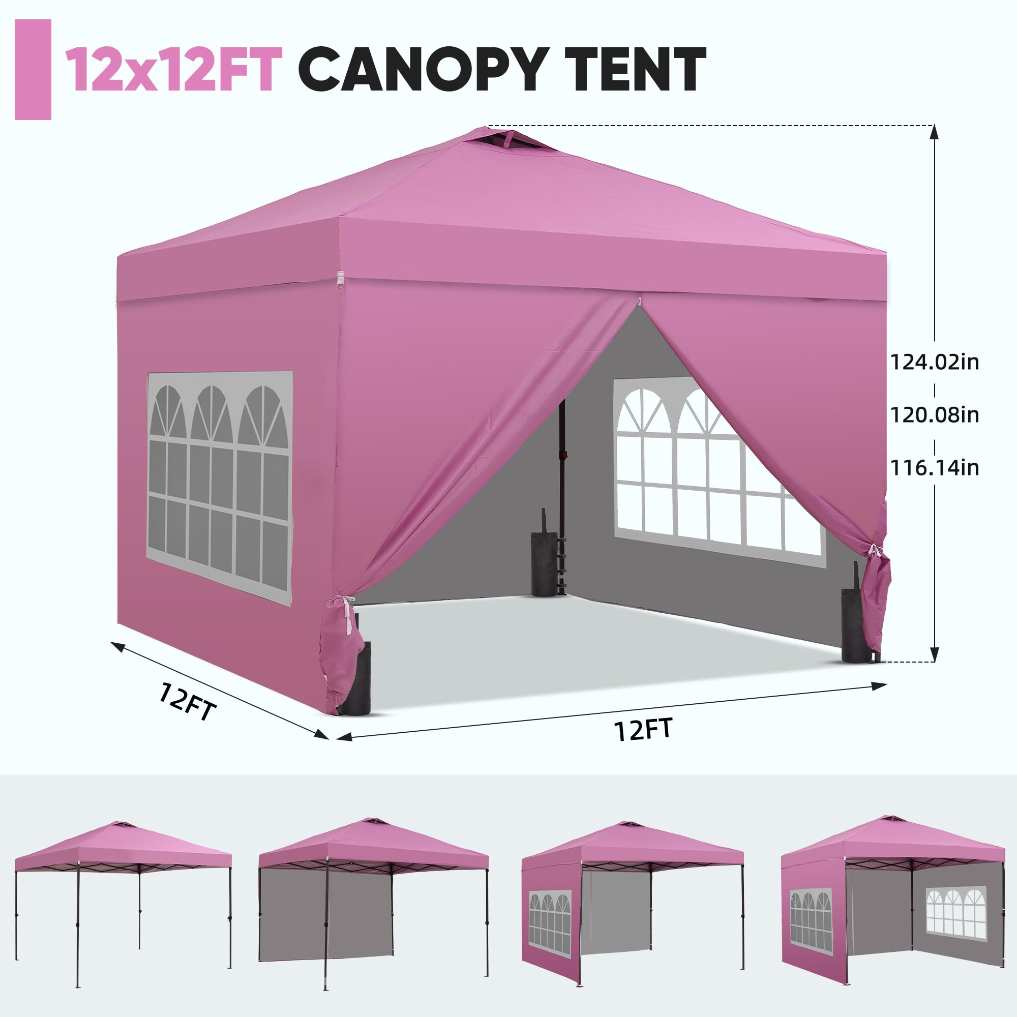 12x12 Pop Up Canopy Tent with 4 Sidewalls, Easy Set up with One Push Lift Gazebo with Wheel Bag and4 Sandbags,Carpas for Events, Parties,Camping, Pink.