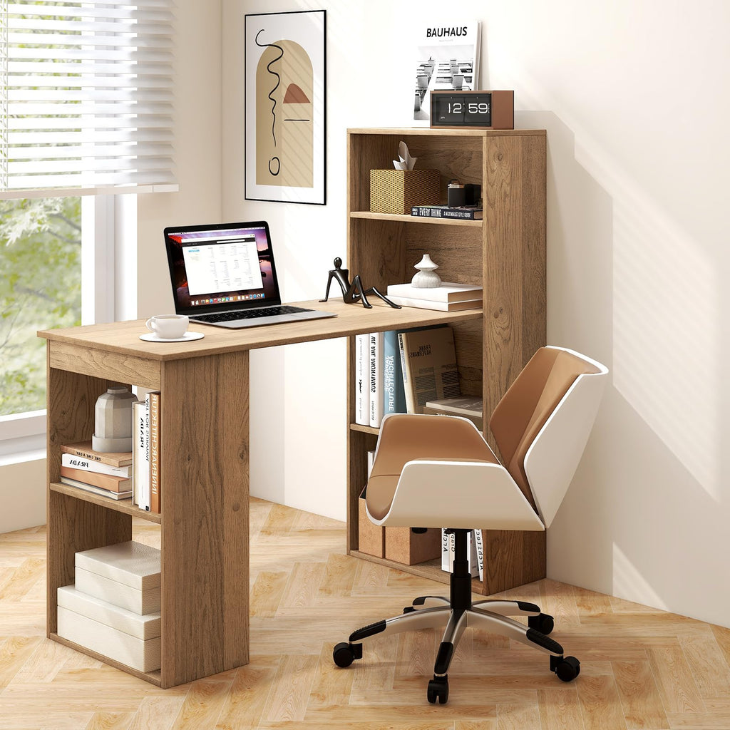Computer Desk with Bookshelf, Writing Study Desk with Storage Shelves & CPU Stand, Modern Compact Computer Workstation for Home & Office, Space-Saving Design(Natural)