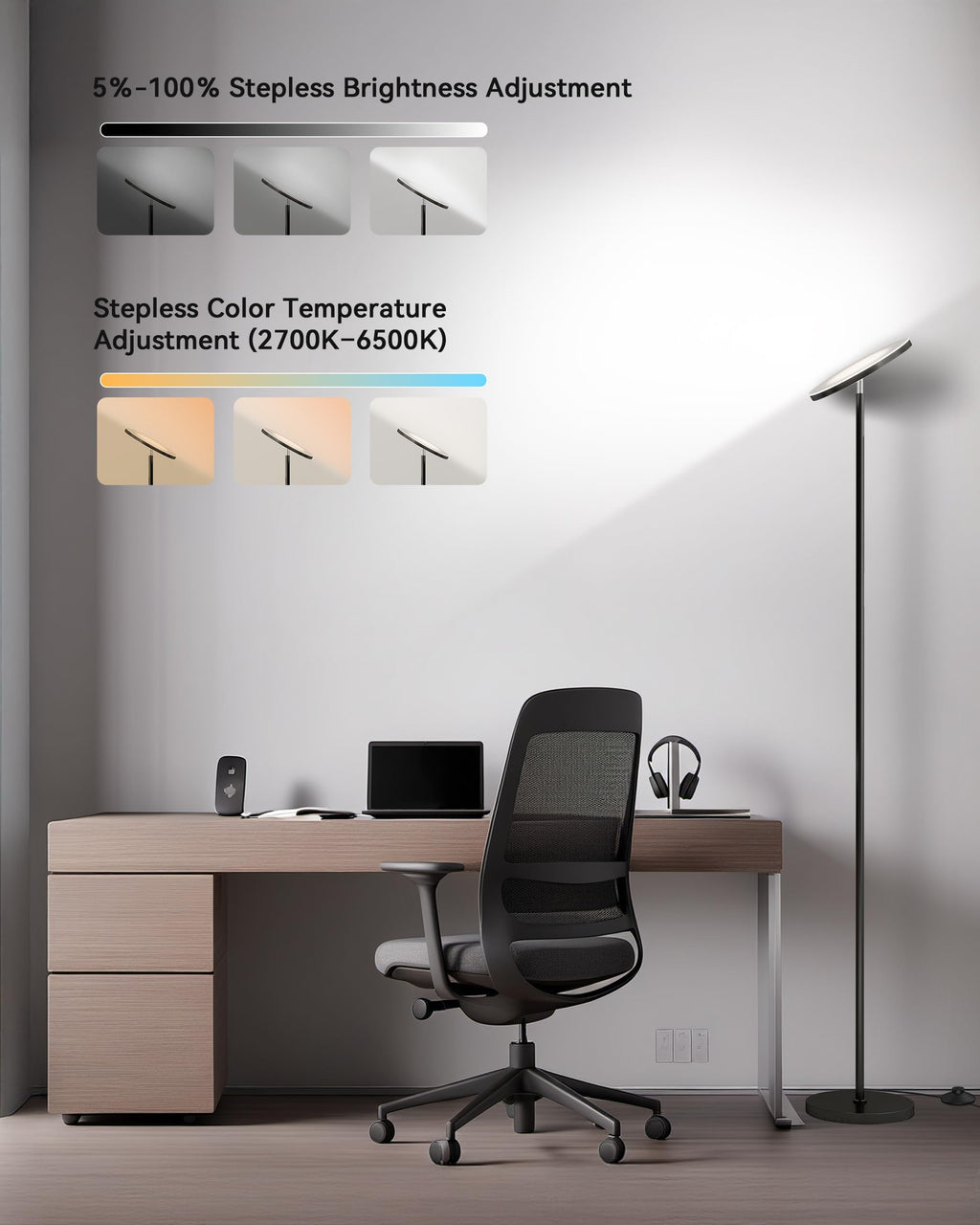 LED Floor Lamp – Super Bright Torchiere with Remote & Foot Switch, Stepless Dimmable Tall Standing Lamp, 69" Modern Pole Light for Corner, Living Room, Bedroom, Reading, Office