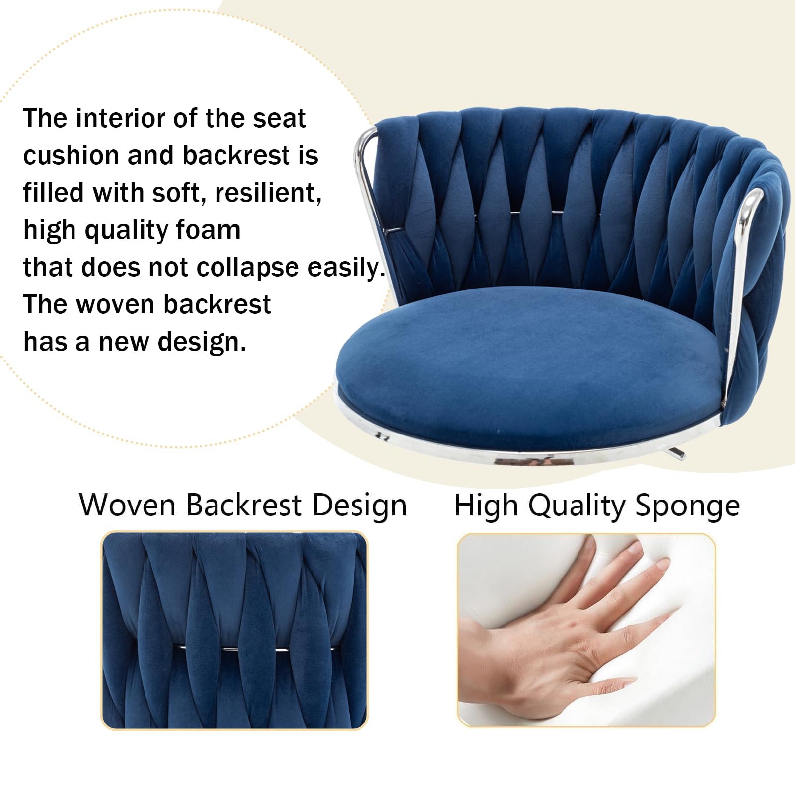 Velvet Bar Stools Set of 4, Swivel Counter Height Bar Stools with Back, Adjustable Woven Barstools for Kitchen Island, Pub, Club (Blue)