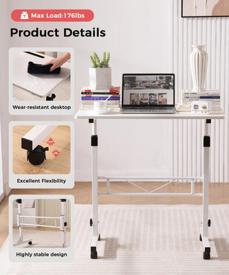 Standing Desk Adjustable Height, Mobile Stand Up Desk with Wheels Small Computer Desk Rolling Desk, Portable Laptop Desk White Standing Table Home Office Desks 16