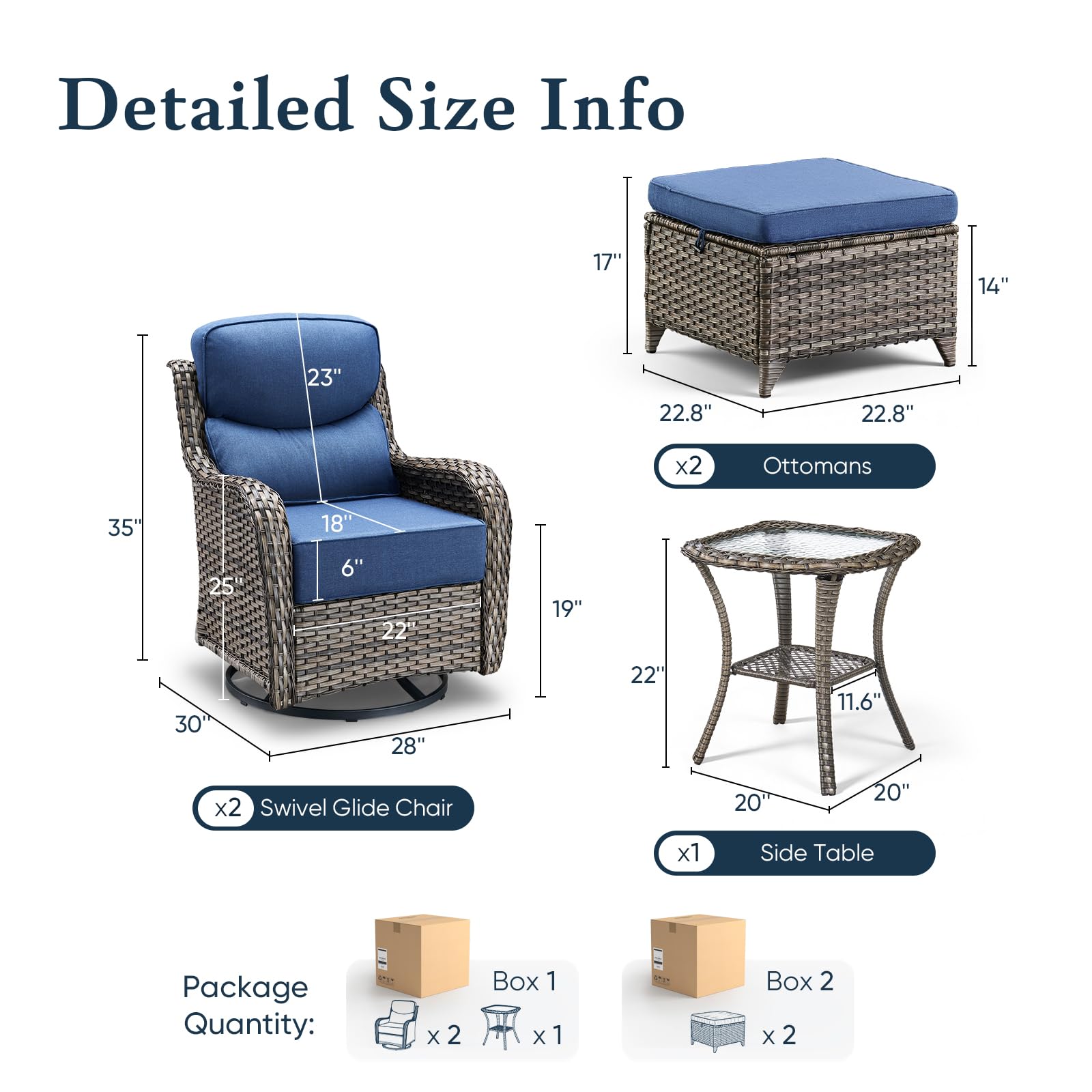 Luxury 6" Thick Cushioned 5 Pieces Patio Furniture Set with 2 Ottomans, Wicker Outdoor Conversation Set with High Back Swivel Rocker Patio Chairs for Deck Porch Yard and Poolside - Grey+Blue