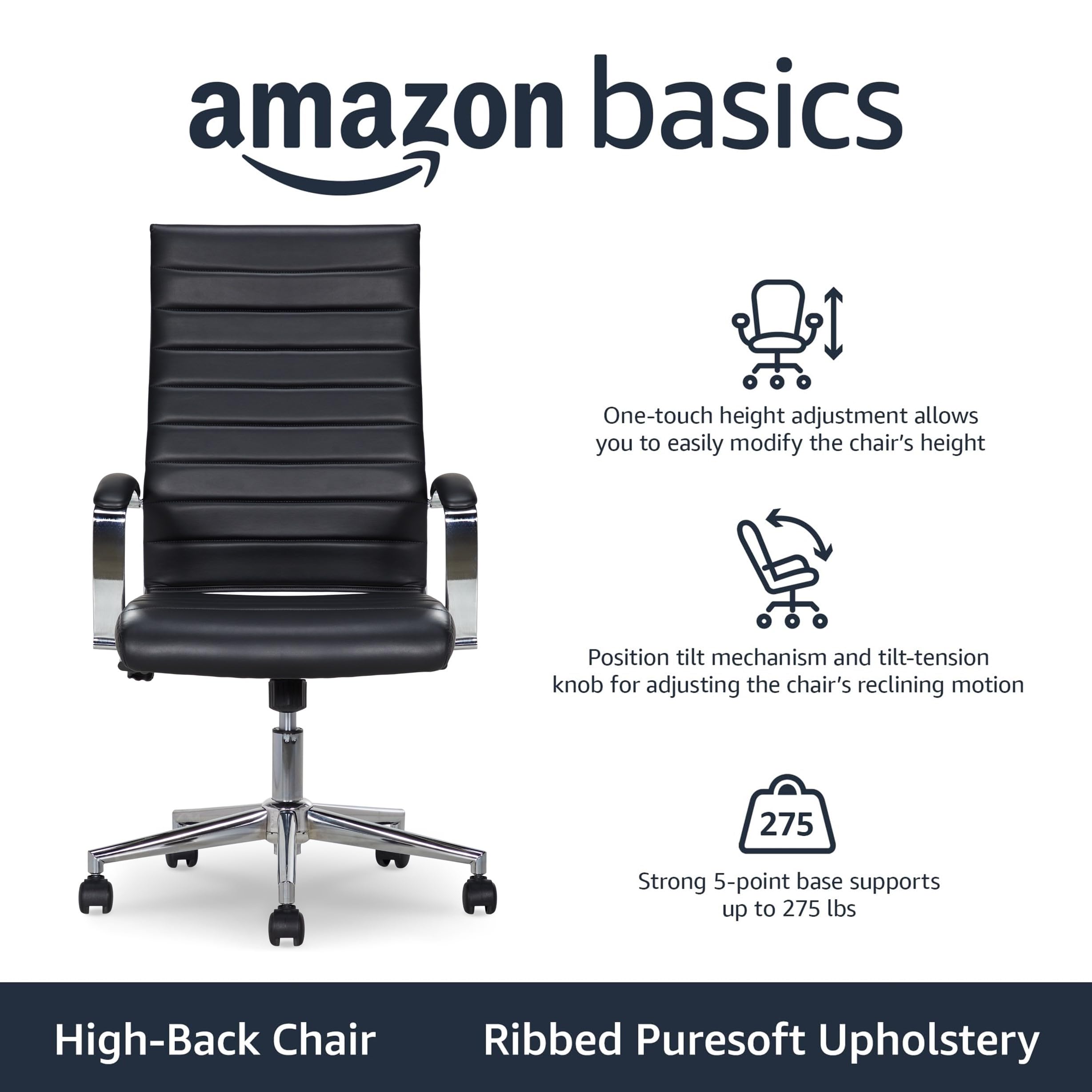 High-Back Swivel Office Chair with Lumbar Support, Ergonomic Ribbed Faux Leather, Adjustable Height, 45.25" x 24.75" x 23.25", Black