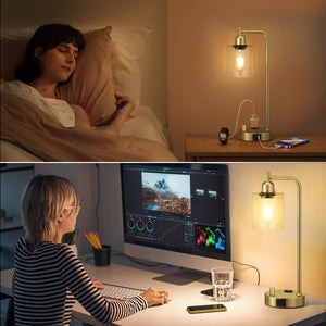 Industrial Table Lamp for Bedroom Set of 2 - Fully Dimmable Bedside Lamps with USB Ports and Outlet, Gold Nightstand Lamps with Clear Glass Shade for Living Room, Desk Lamps for Office Reading