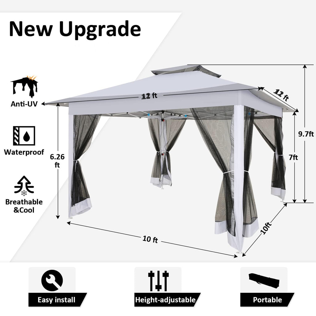 12x12 Pop Up Gazebo On Clearance - Upgrade Easy Up Metal Outdoor Canopy Waterproof - Portable Gazebo with Mosquito Nettings, 4 Ropes 8 Stakes and Carry Bag for Patio Garden(Light Gray)