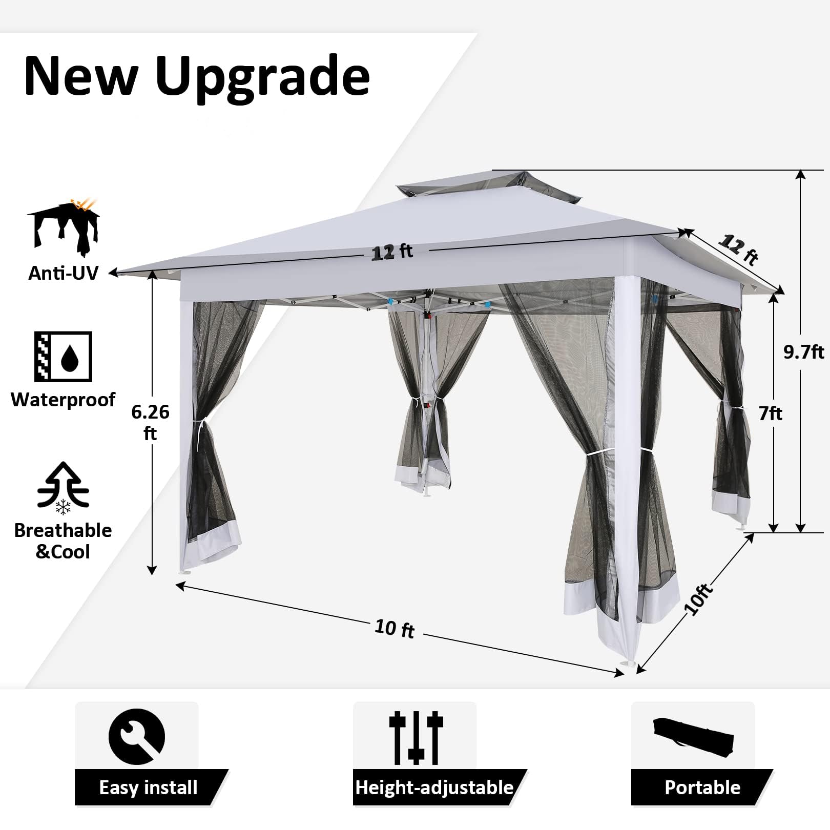 12x12 Pop Up Gazebo On Clearance - Upgrade Easy Up Metal Outdoor Canopy Waterproof - Portable Gazebo with Mosquito Nettings, 4 Ropes 8 Stakes and Carry Bag for Patio Garden(Light Gray)