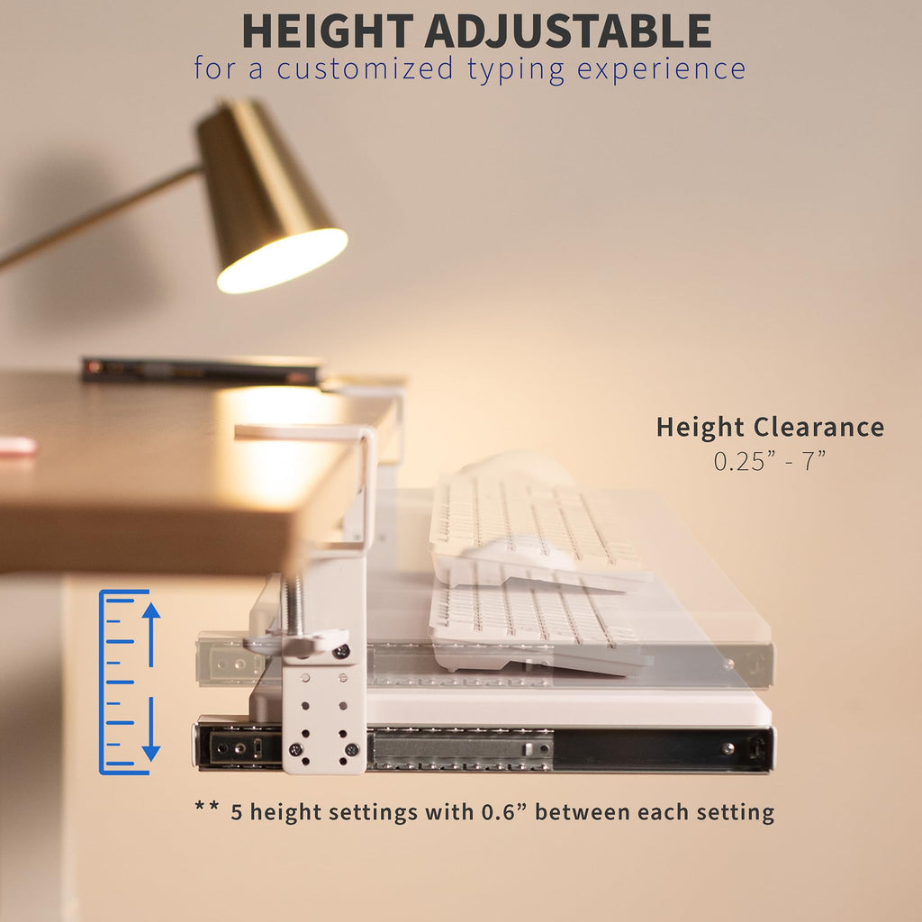 Large Height Adjustable Under Desk Keyboard Tray, C-clamp Mount System, 27 (33 Including Clamps) x 11 inch Slide-Out Platform for Typing, White, MOUNT-KB05HW