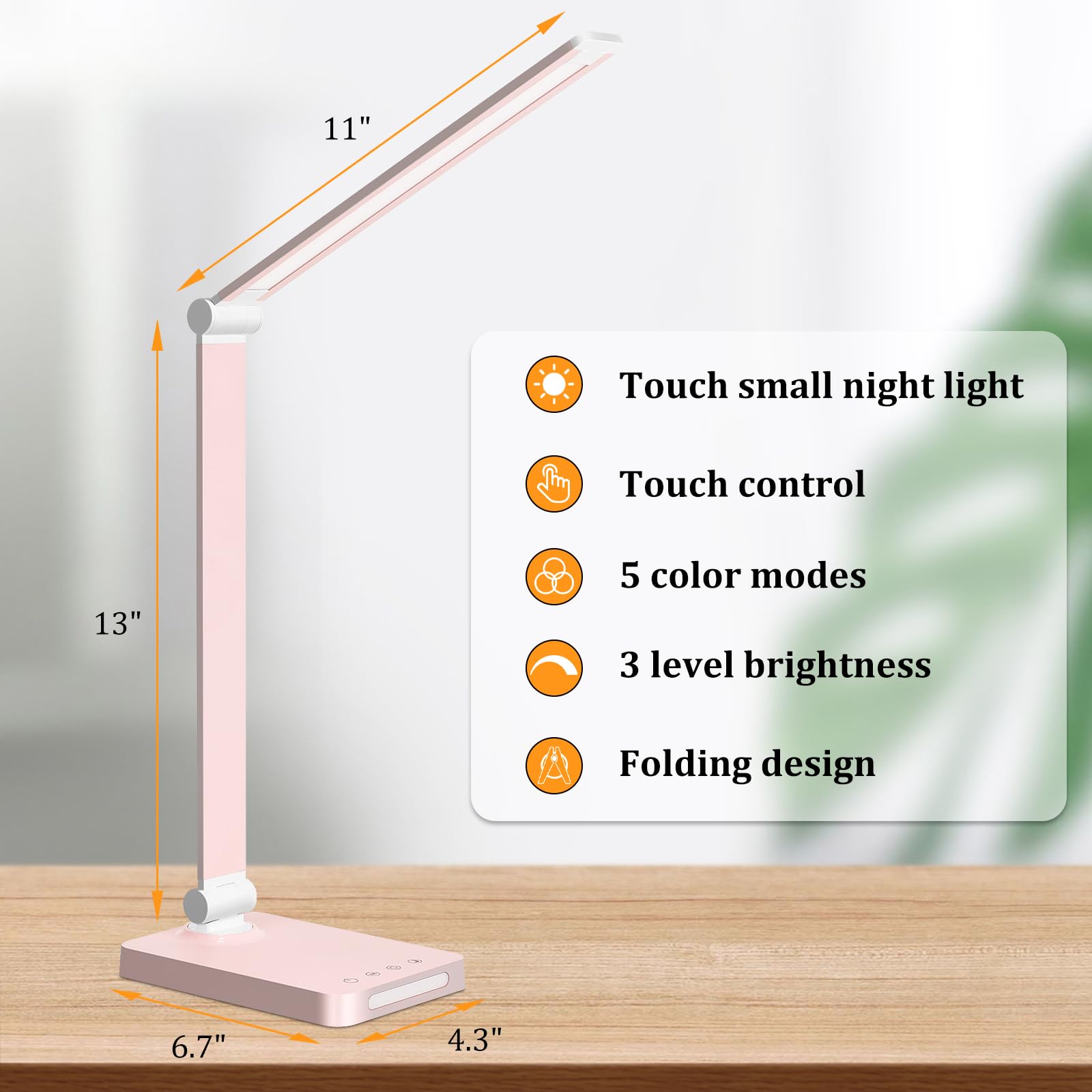 LED Desk Lamp with USB Ports,Touch Desk Lamps for Home Office with 5 Color Modes,3 Brightness Desk Light with Small Night Light,Reading Lamp Table Lamp for Bedroom Bedside Study Pink （with adapter）