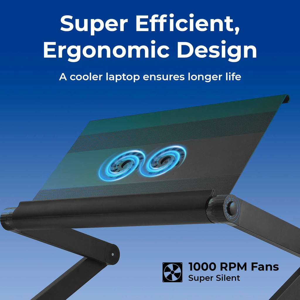 Executive Laptop Cooling Stand, Adjustable Desk for Bed, Foldable with 2 Fans & 3 USB Ports, Computer Lap Desk, PC Holder for Bed, Ergonomic Table Stand, Home Office Supplies, Black