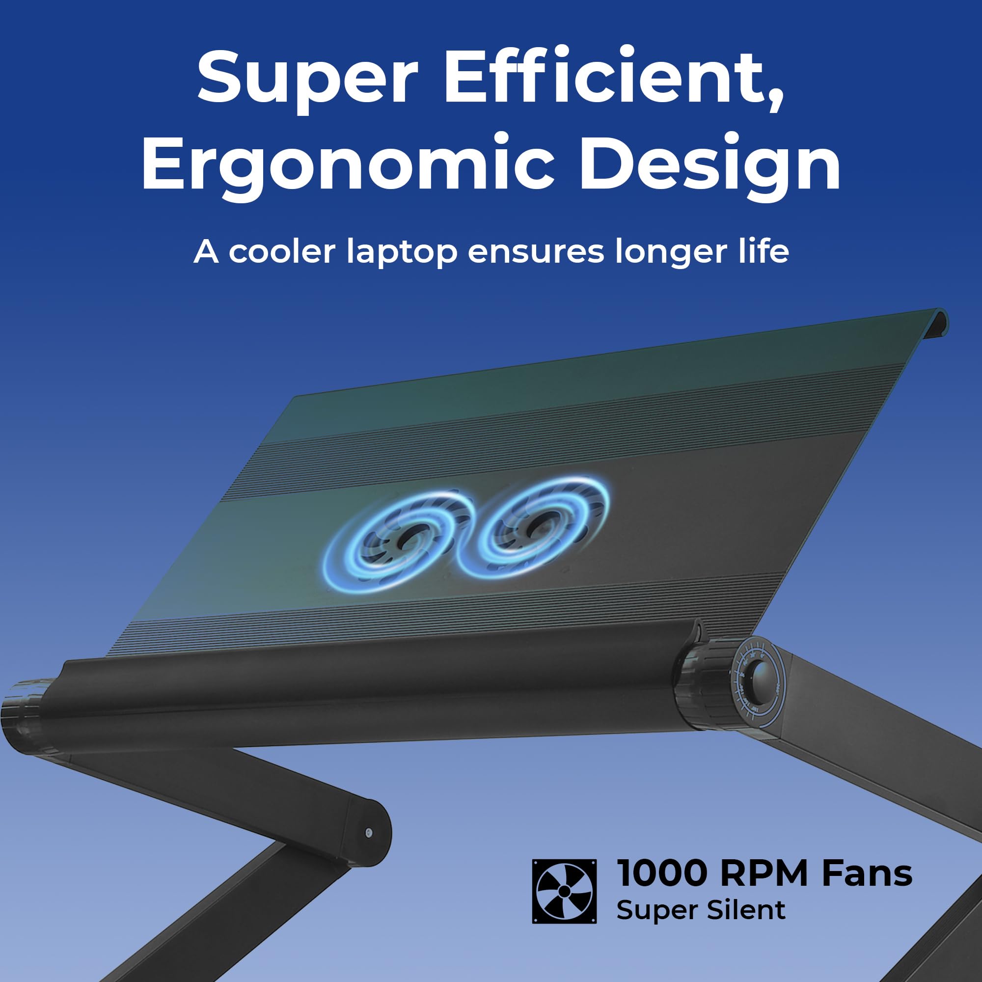 Executive Laptop Cooling Stand, Adjustable Desk for Bed, Foldable with 2 Fans & 3 USB Ports, Computer Lap Desk, PC Holder for Bed, Ergonomic Table Stand, Home Office Supplies, Black