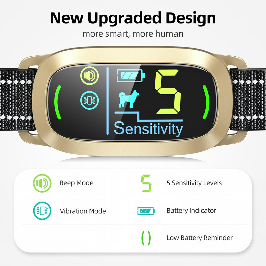 Dog Bark Collar for Large Medium Small Dogs, Rechargeable Smart Bark Collar, Anti Barking Training Collar with 5 Adjustable Sensitivity Beep Vibration (Gold)