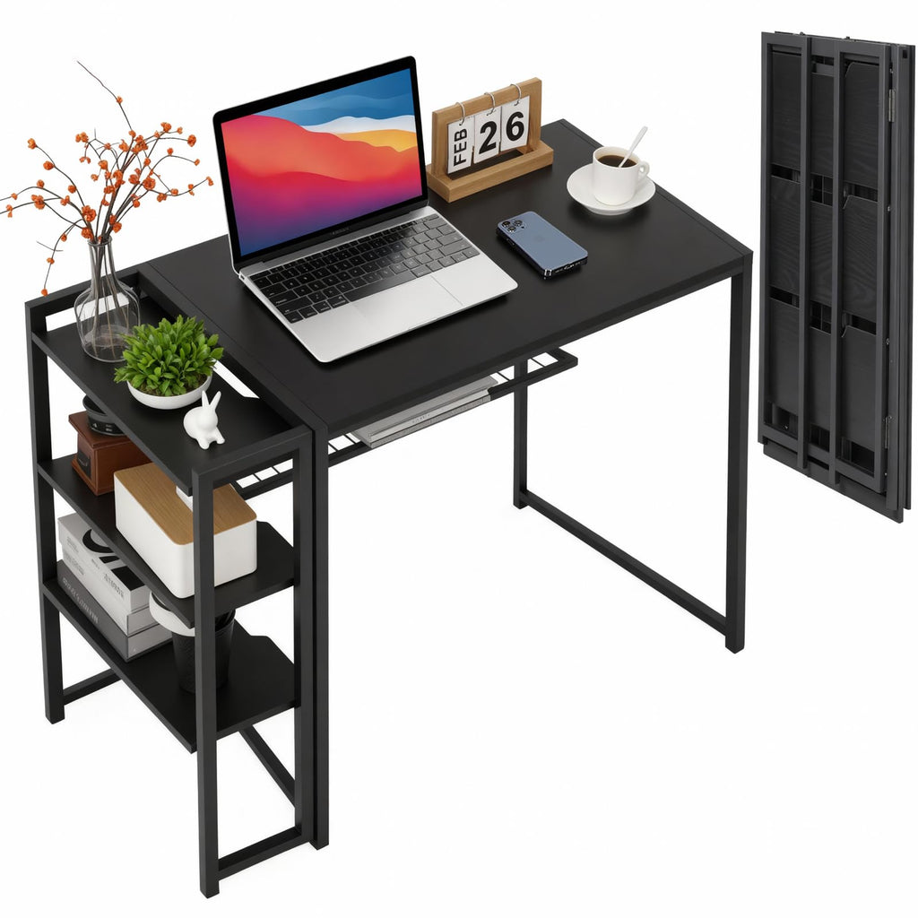 35 inch Folding Desk Writing Computer Desk with Storage Shelf,Spaces Saving Writing Sturdy Table No Assembly,for for Bedroom, Home Office, Dorm, Apartment, Black