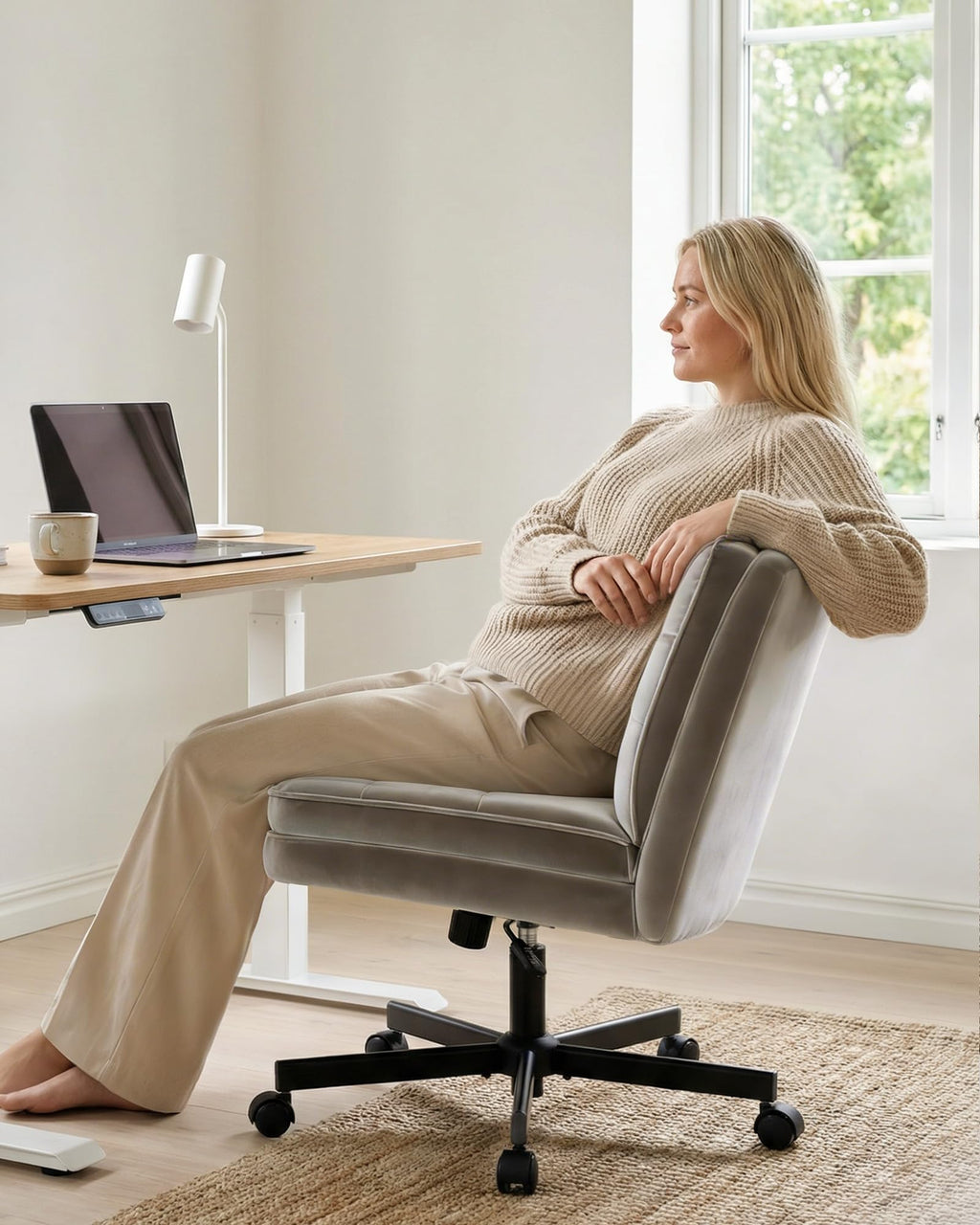 Cross Legged Office Chair with Wheels Armless-Office Desk Chair, Modern Vanity Computer Task Chairs for Home Bedroom, Comfortable Wide Seat for Lower Back Pain Relief, Soft Velvet, Gray