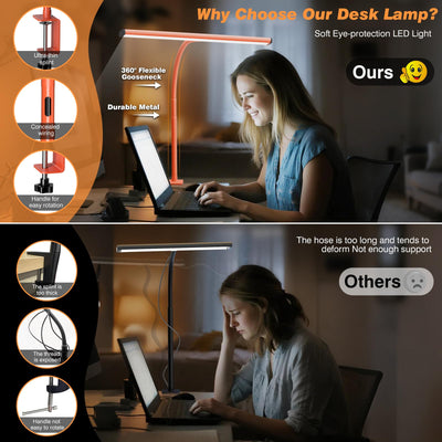 LED Desk Lamp for Office Home, Eye-Caring Desk Light with Stepless Dimming Adjustable Flexible Gooseneck, 10W USB Adapter Desk Lamp with Clamp for Reading, Study, Workbench (Orange)