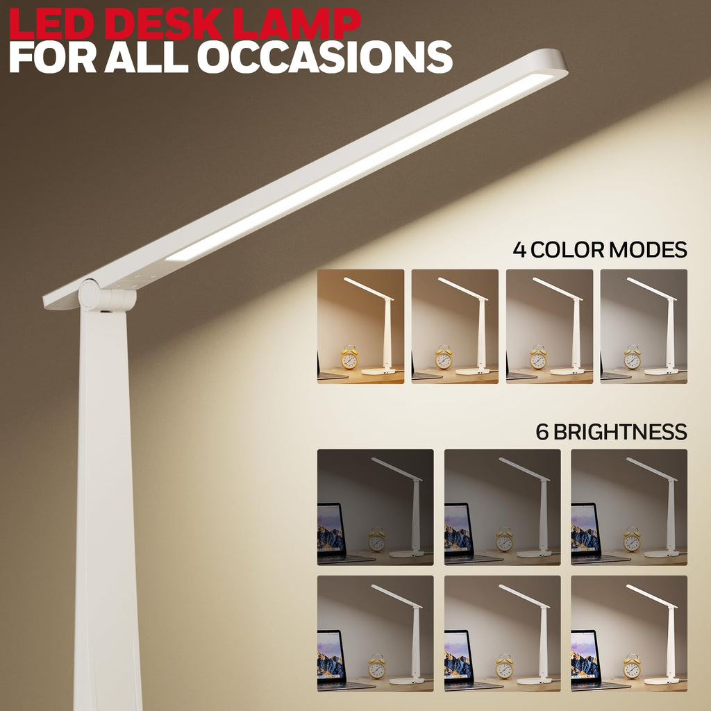 LED Desk Lamp for Home Office, Eye-Caring Light with 4 Color Modes & Touch Control, USB A+C Charging Ports, Adjustable Rotating Head with Timer for Reading, Bedroom & Small Desks