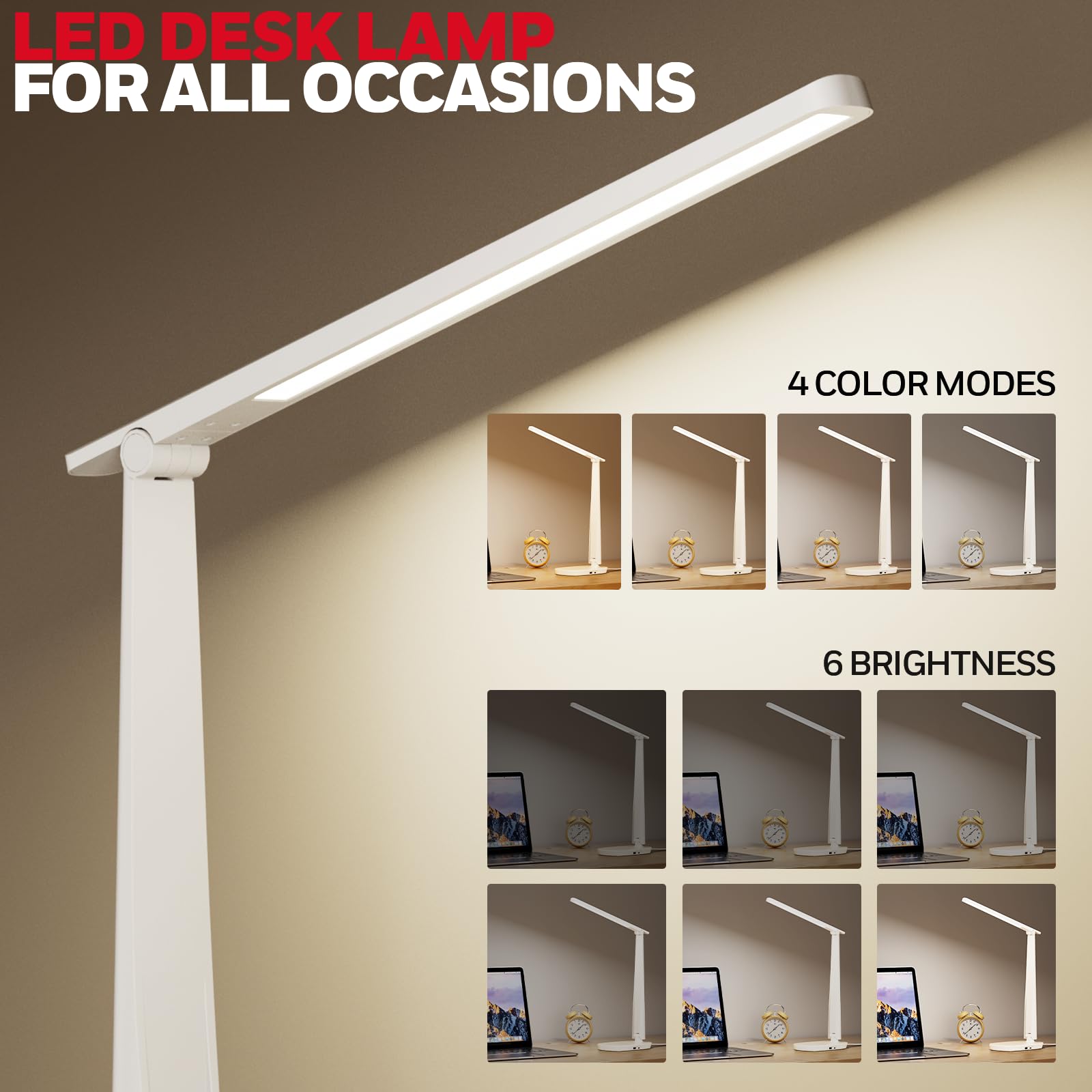 LED Desk Lamp for Home Office, Eye-Caring Light with 4 Color Modes & Touch Control, USB A+C Charging Ports, Adjustable Rotating Head with Timer for Reading, Bedroom & Small Desks