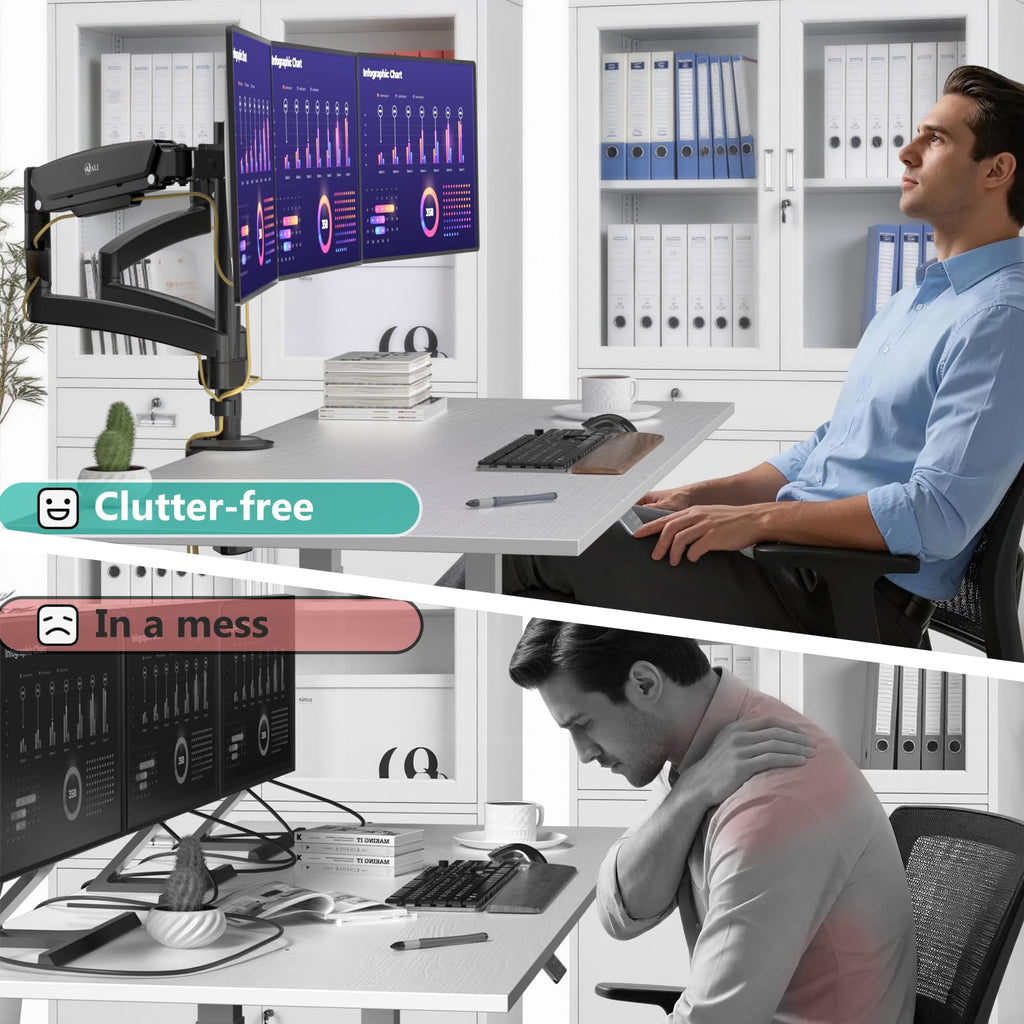 Triple Monitor Mount, 3 Monitor Desk Mount for Screens 13-33 Inch, Multiple Monitors Stand with Tilt, Swivel, Rotation, Mounting Holes 75/100 mm, Black