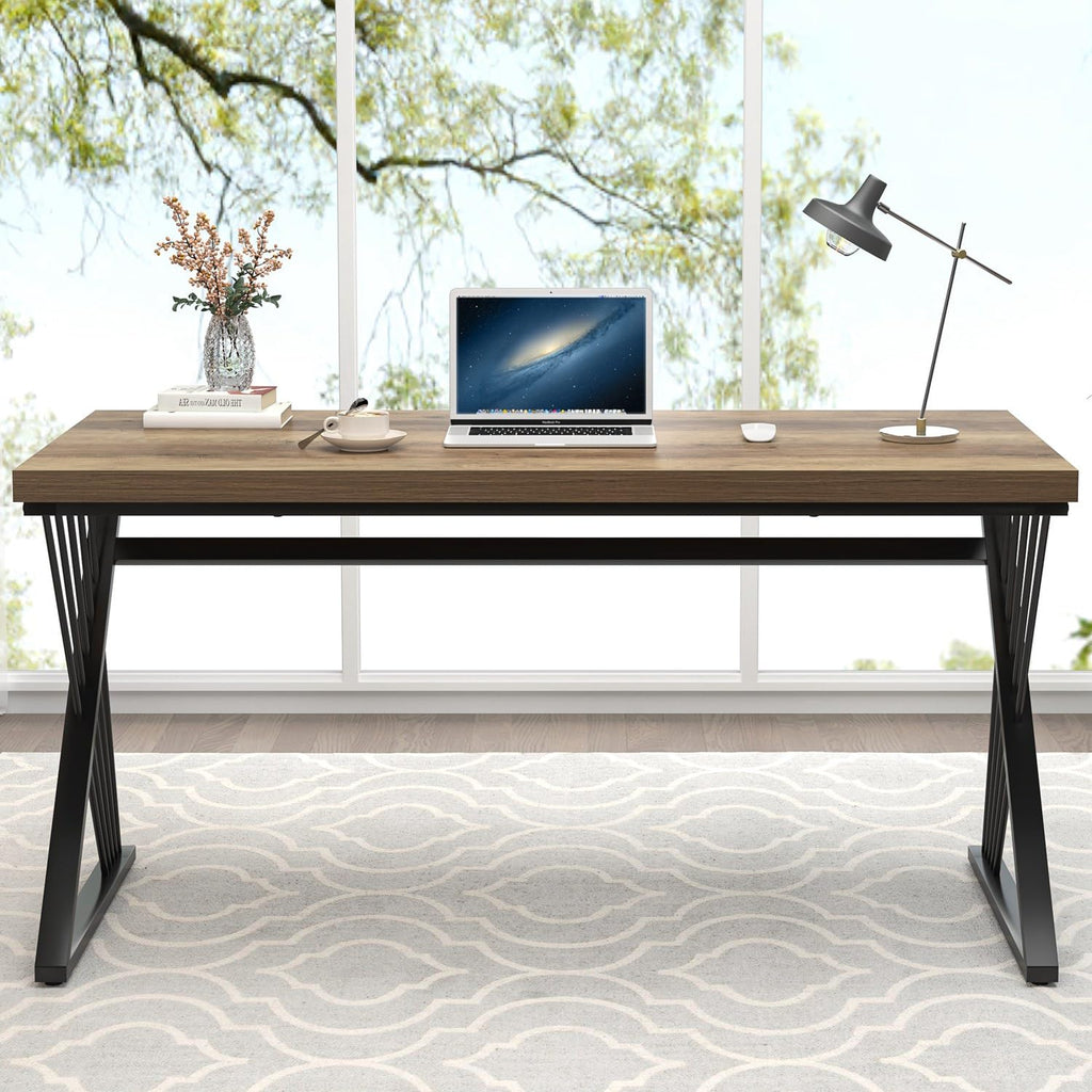 Modern Home Office Desk, Wood and Metal Computer Desk, Industrial Study Writing Work Table for Bedroom Living Room, Oak, 60 Inch