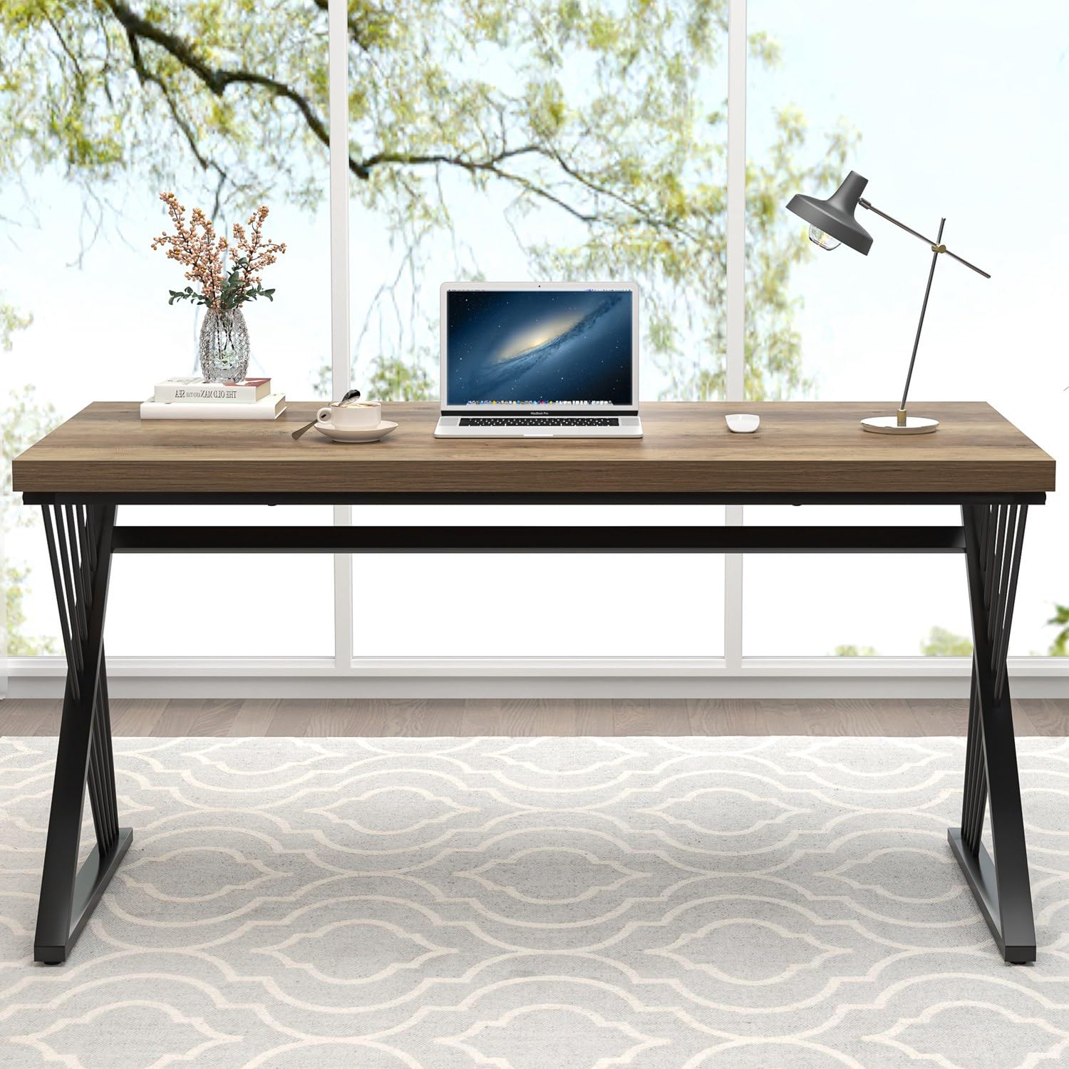 Modern Home Office Desk, Wood and Metal Computer Desk, Industrial Study Writing Work Table for Bedroom Living Room, Oak, 60 Inch