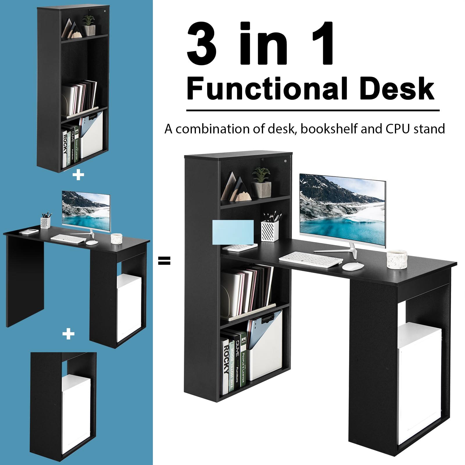 Computer Desk with Bookshelf, Writing Study Desk with Storage Shelves & CPU Stand, Modern Compact Computer Workstation for Home & Office, Space-Saving Design (Black)