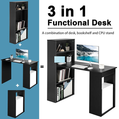 Computer Desk with Bookshelf, Writing Study Desk with Storage Shelves & CPU Stand, Modern Compact Computer Workstation for Home & Office, Space-Saving Design (Black)