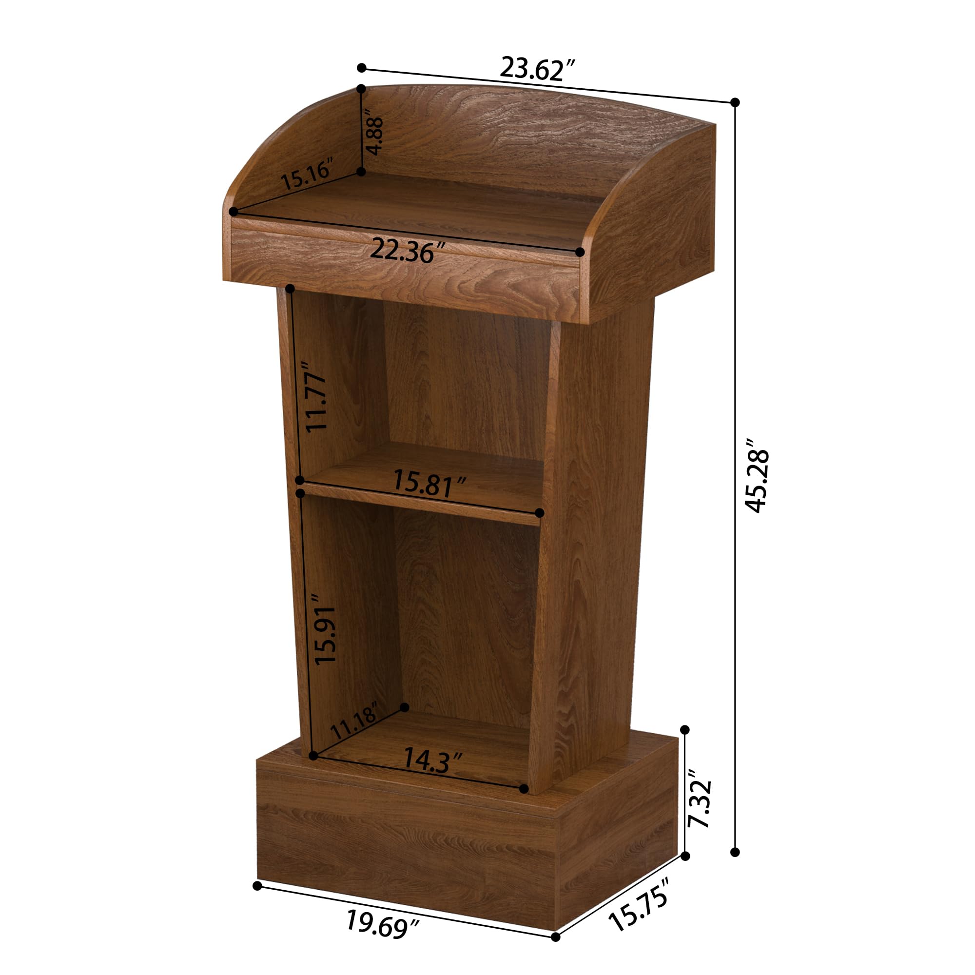 Wooden Podium Stand Lectern Walnut Color 16MM Wood Board Elegant Design with Storage Wooden Pulpit for Restaurants Churches Seminars Schools