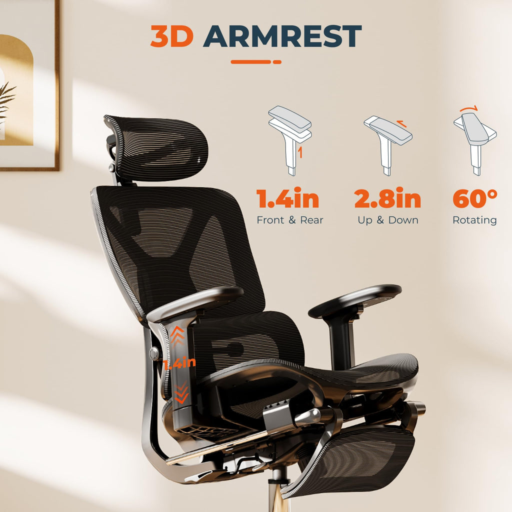 Big and Tall Ergonomic Office Chair Swivel Computer Chairs Desk Chair with 2D Dynamic Lumbar Support/Footrest/3D Headrest/Heavy Duty Metal Base, Mesh Seat Cushion, ErgoChair Ultra, Black