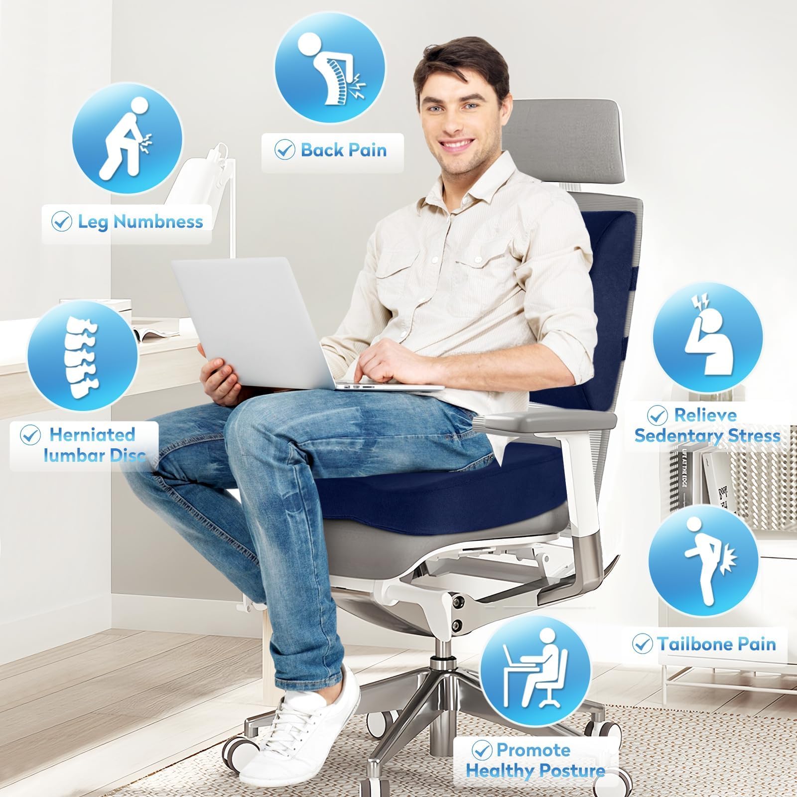 Lumbar Support Pillow & Seat Cushion Set for Office Chair, Desk Chair, Wheelchair & Car–Memory Foam Back Support,Ergonomic Chair Cushions, Sciatica Pain Relief,Home Essentials(Blue,XL)
