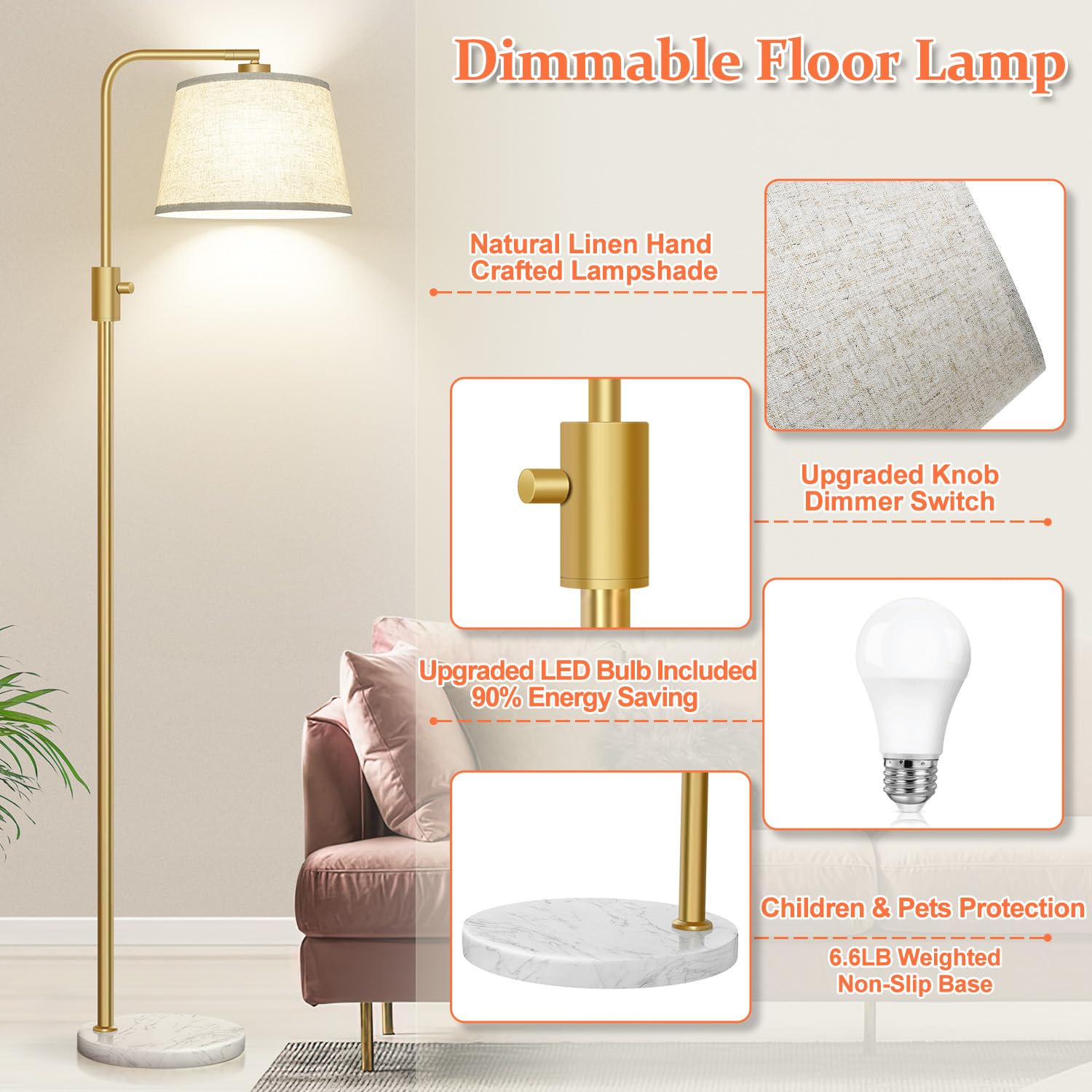 Dimmable Gold Floor Lamp, 1000 LM LED Edison Bulb Included, Arc Floor Lamps for Living Room with Marble Base, Modern Standing Lamp Tall Lamps for Living Room Bedroom