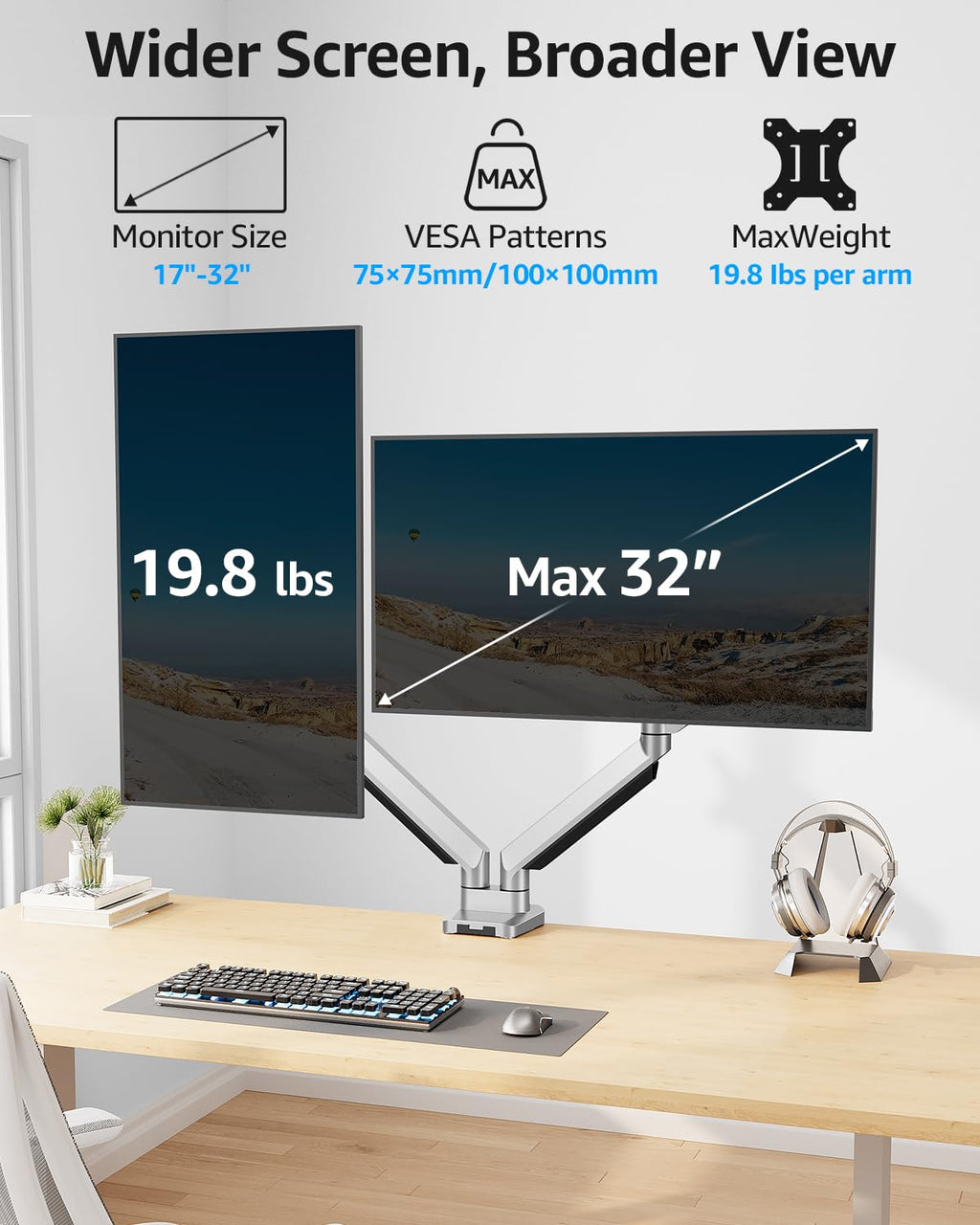 Dual Monitor Desk Mount, Die-Cast Aluminum Fully Adjustable Double Monitor Arm, Computer Monitor Stand Fits 2 Screen 17 to 32 inch - Each Arm Holds 4.4-19.8LBS