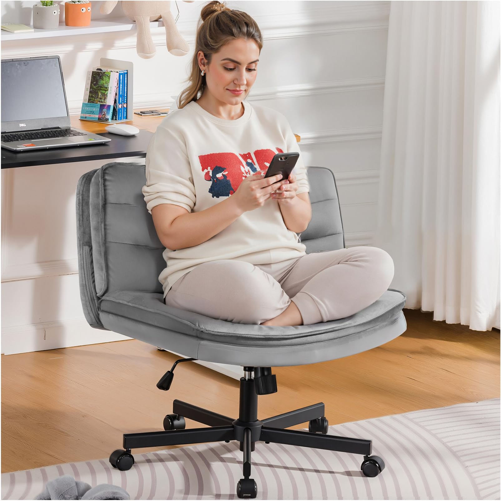 Cross Legged Office Chair with Wheels Armless-Office Desk Chair, Modern Vanity Computer Task Chairs for Home Bedroom, Comfortable Wide Seat for Lower Back Pain Relief, Soft Velvet, Gray