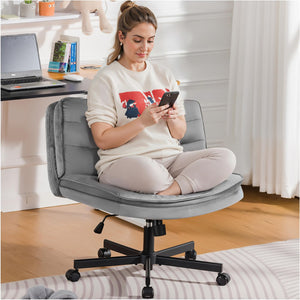 Cross Legged Office Chair with Wheels Armless-Office Desk Chair, Modern Vanity Computer Task Chairs for Home Bedroom, Comfortable Wide Seat for Lower Back Pain Relief, Soft Velvet, Gray