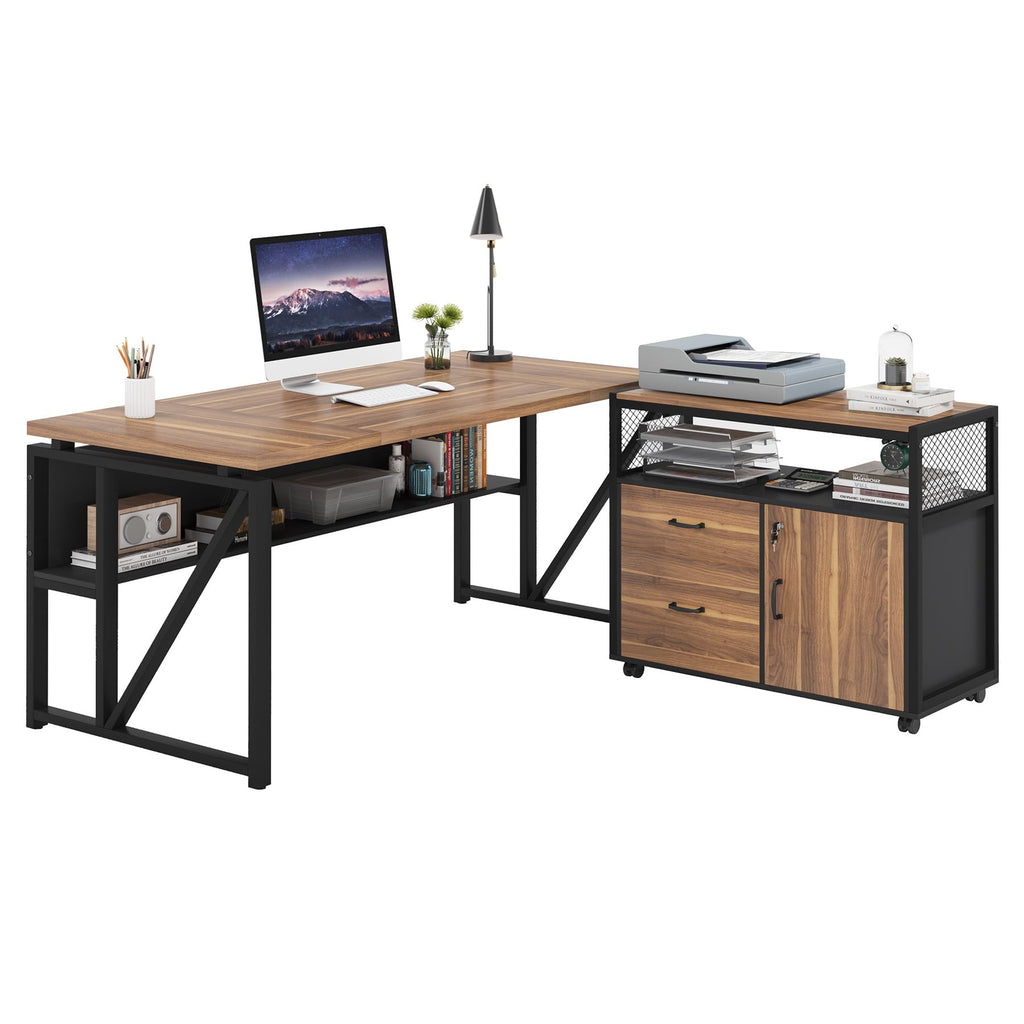 63" L Shaped Desk with Drawer Cabinet, Executive Computer Desk and lateral File Cabinet, 2 Piece Home Office Furniture with Drawers for Hanging File, Doors with Locks (Brown, 63 inches)